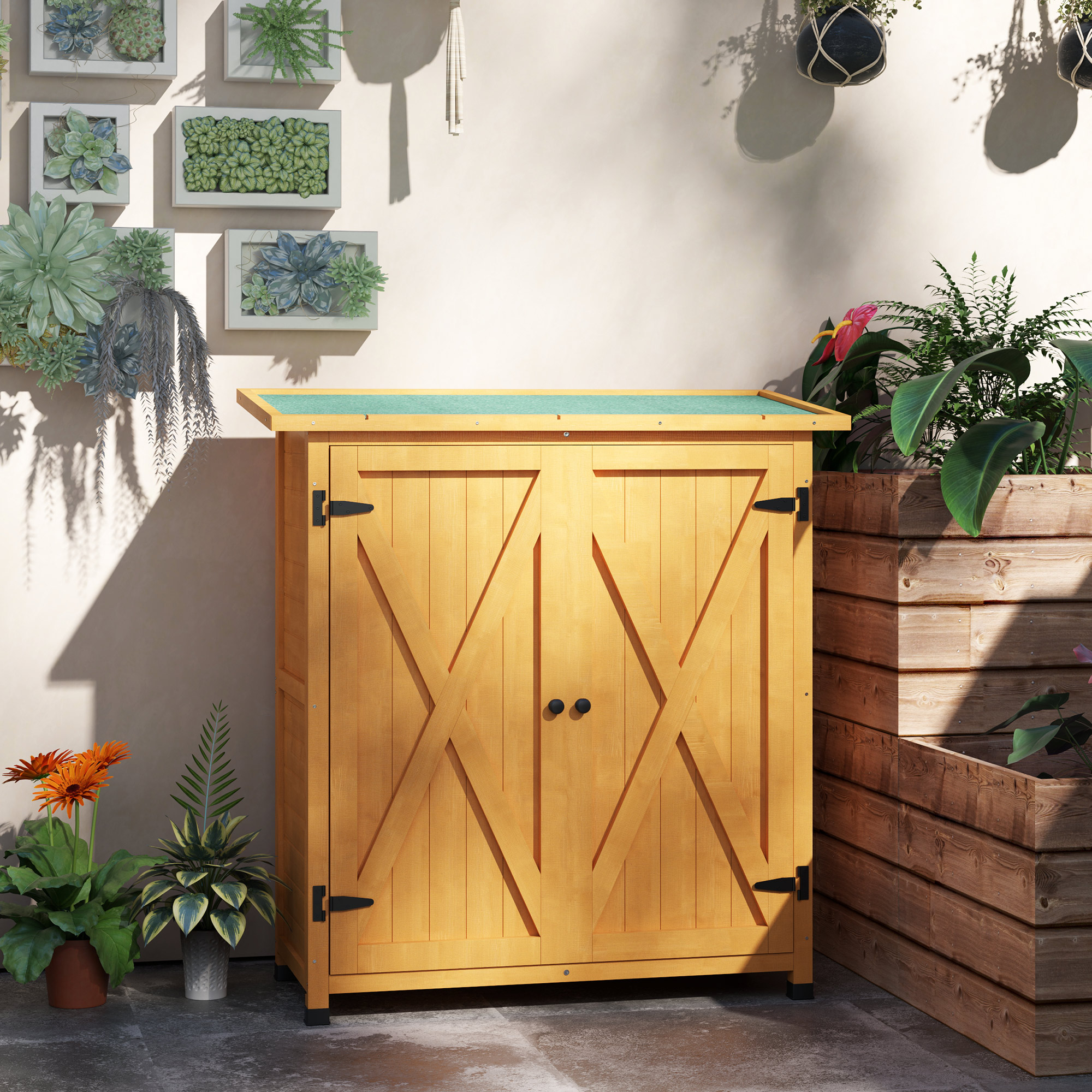 Gartenschrank, Geräteschuppen aus Holz, Wetterfest Geräteschrank mit 2 Türen Asphaltdach 110 x 55 x 117 cm, Gelb