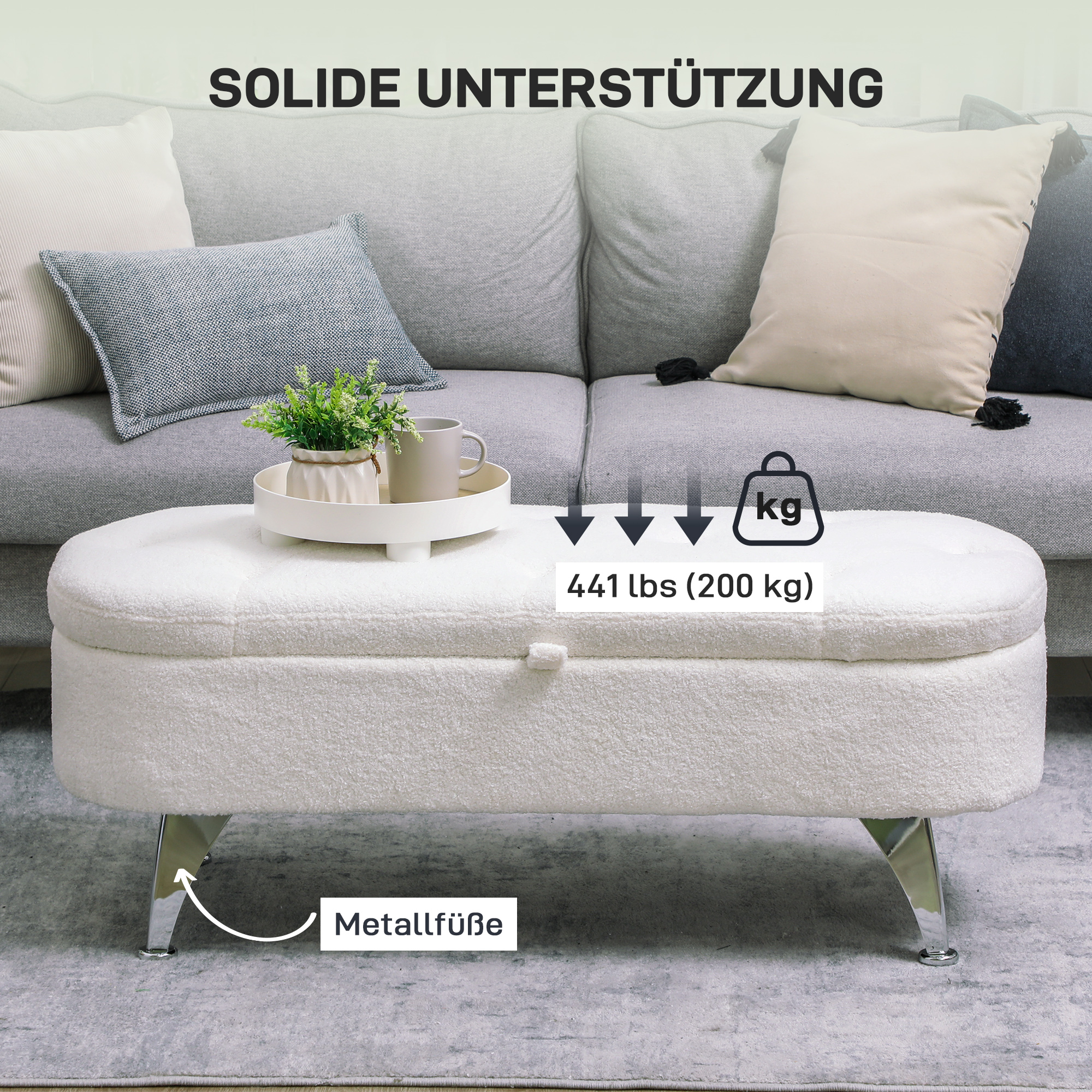 Sitzbank mit Stauraum, Deckel und Metallbeinen für Wohnzimmer, Schlafzimmer, Flur, Weiß