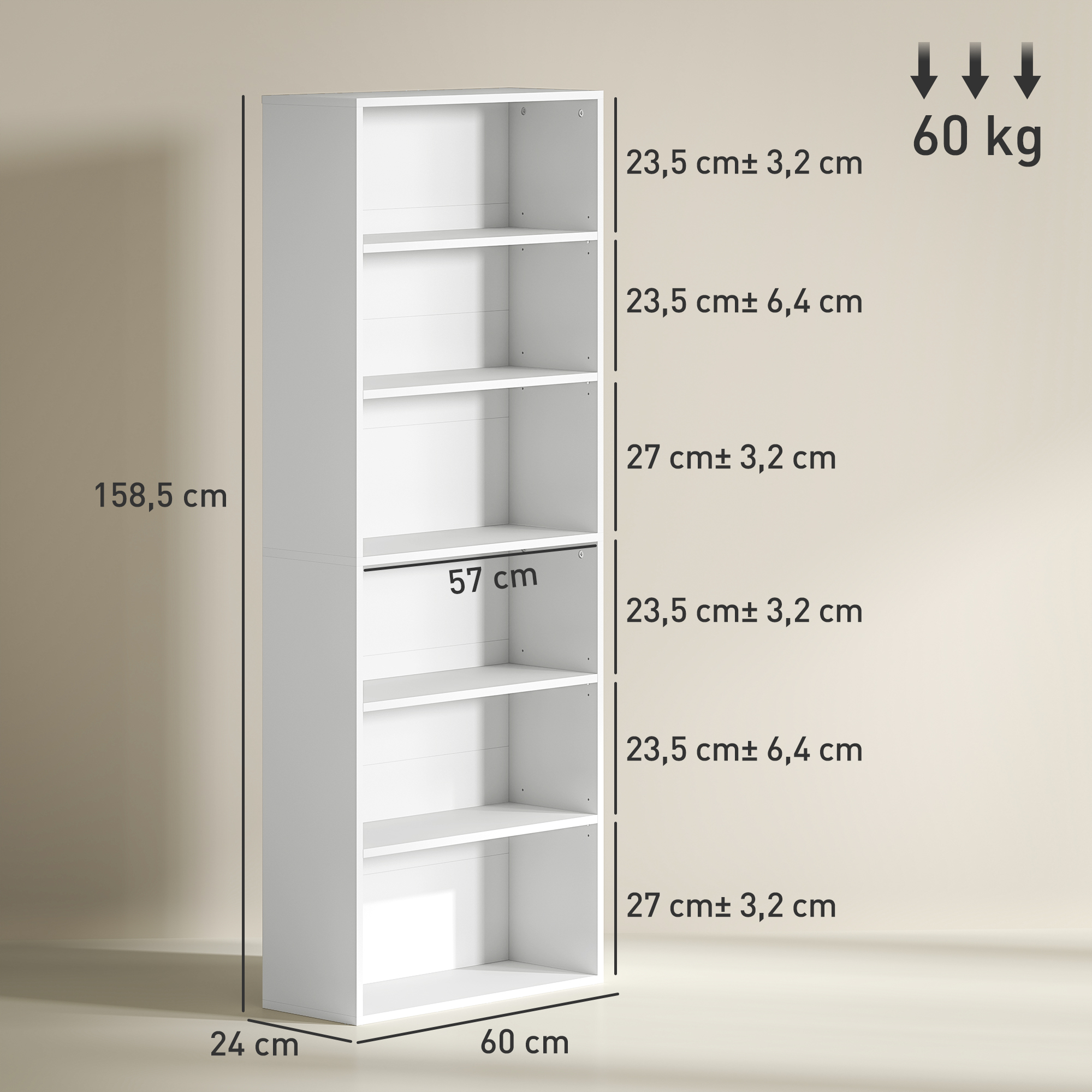 Bücherregal, 6 Fächer, verstellbare Regale, Spanplatte, 60 x 24 x 158,5 cm, Weiß