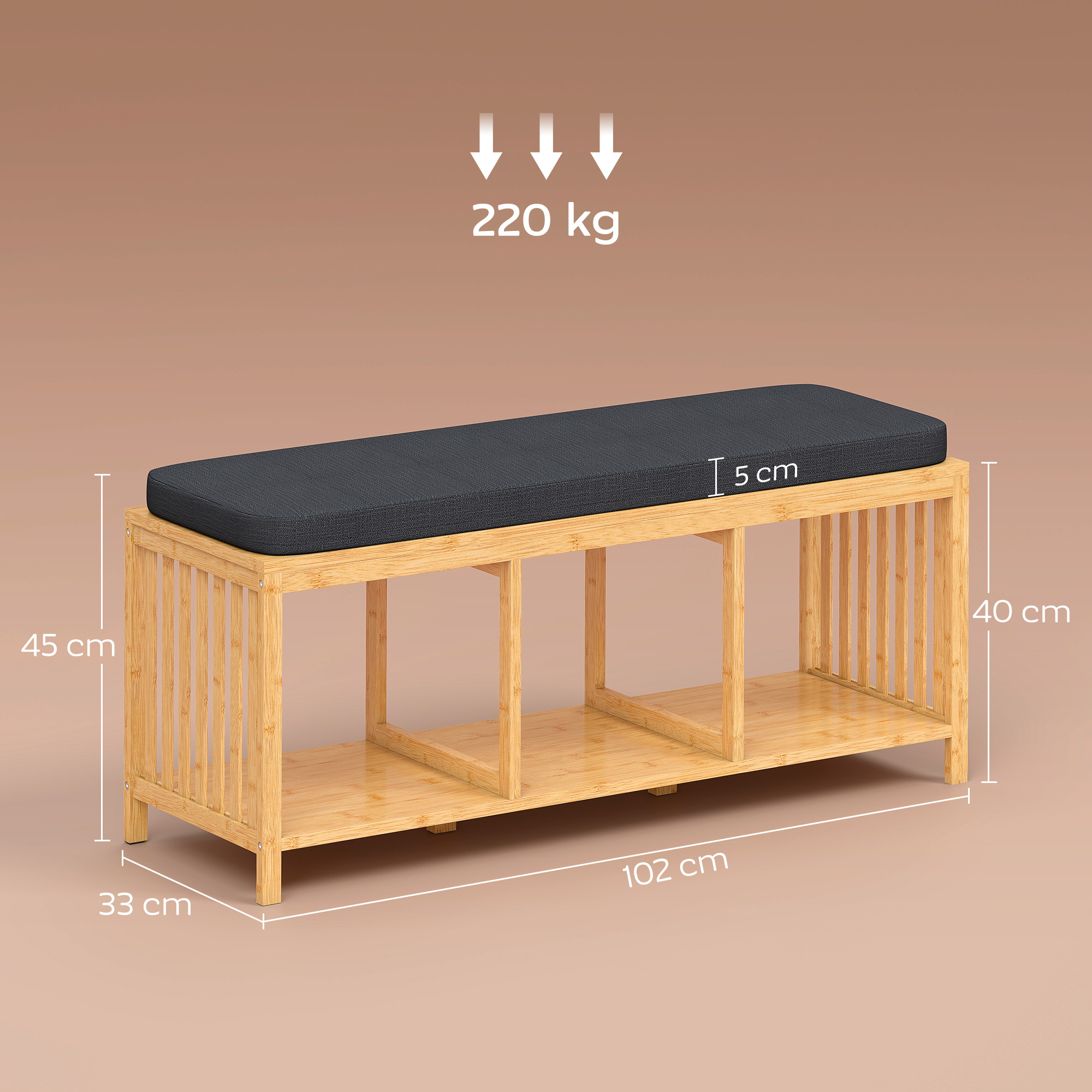 Bambus-Schuhbank, Flurbank mit gepolstertem Sitzkissen und offener Ablage, Naturholz-Optik