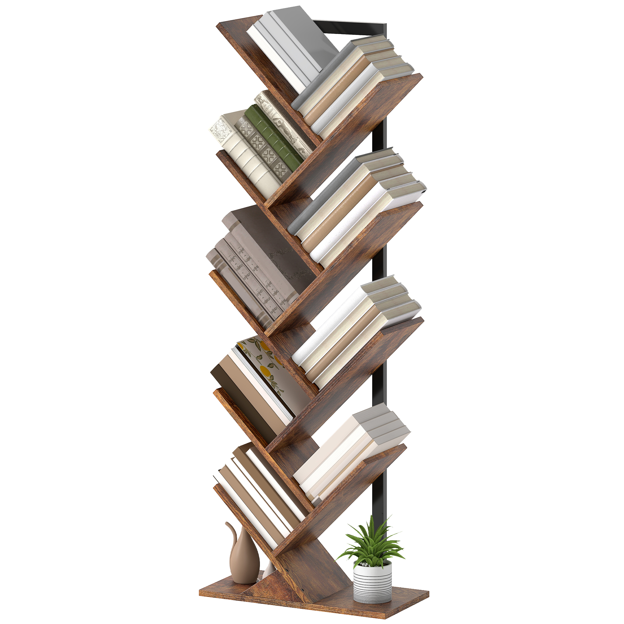 Bücherregal Standregal mit 9 Ebenen Schmal Regal im Baumform für Büro, Rustikal Braun