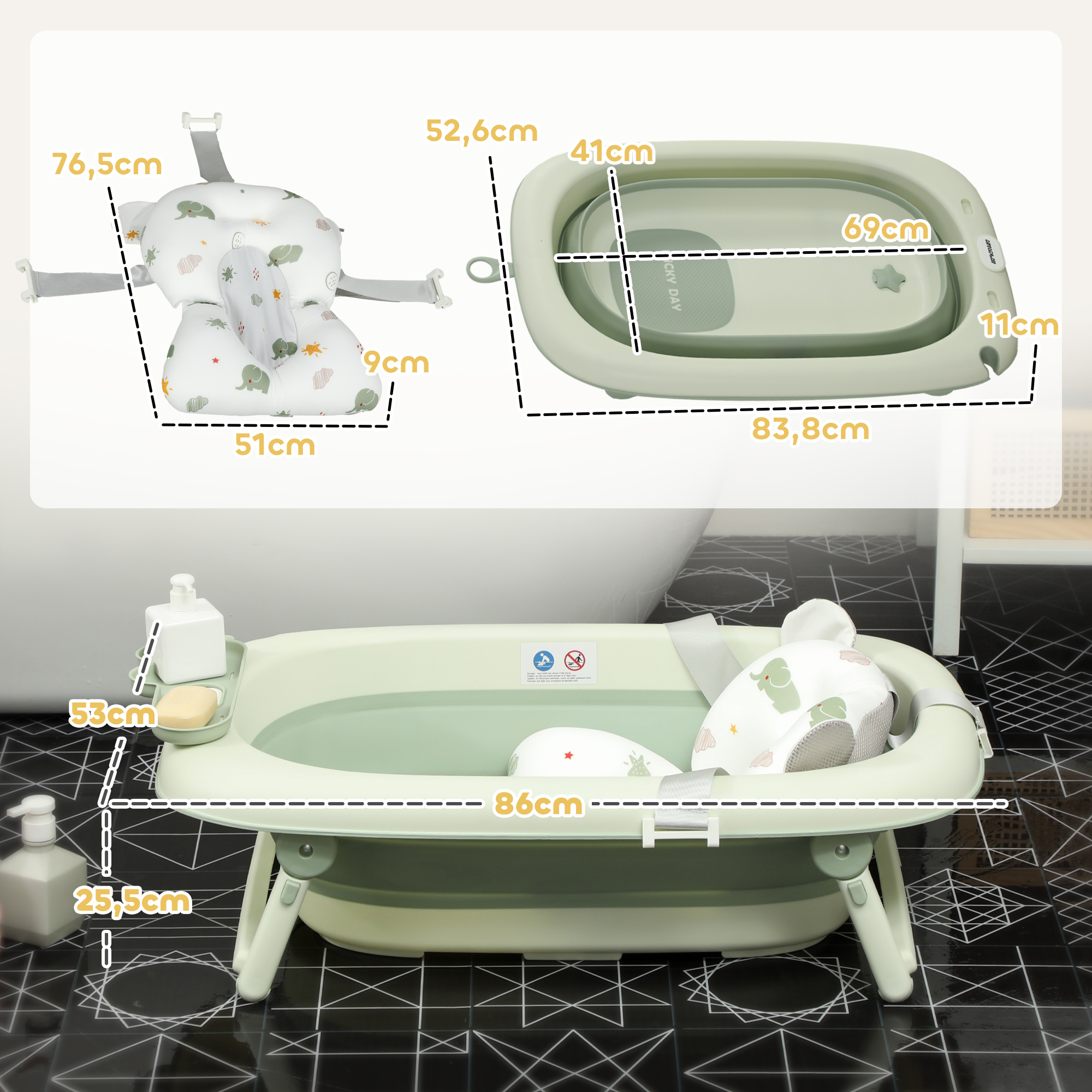Babybadewanne, faltbar, rutschfester Boden, Elefanten-Badekissen, 86 x 53 x 25,5 cm, Grün