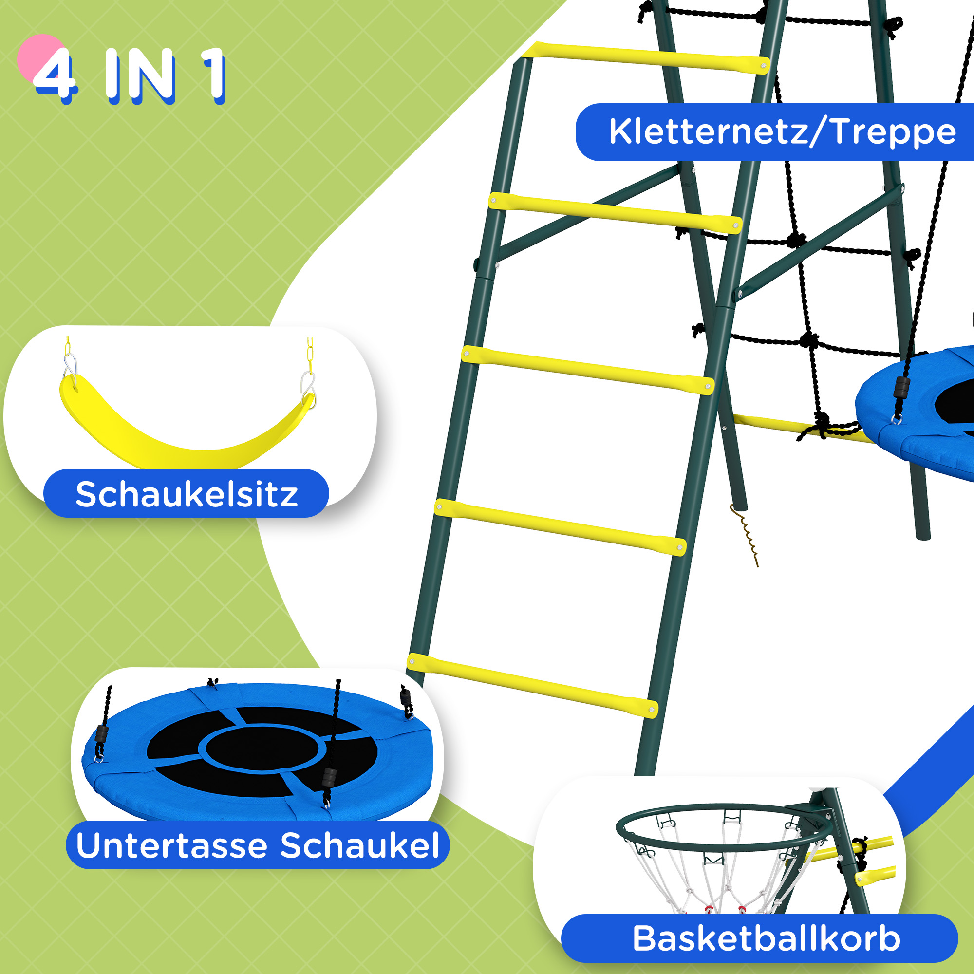Kinderschaukel-Gerüst mit 2 Schaukeln, Basketballkorb, Kletterleiter, 267x180x202 cm, Gelb