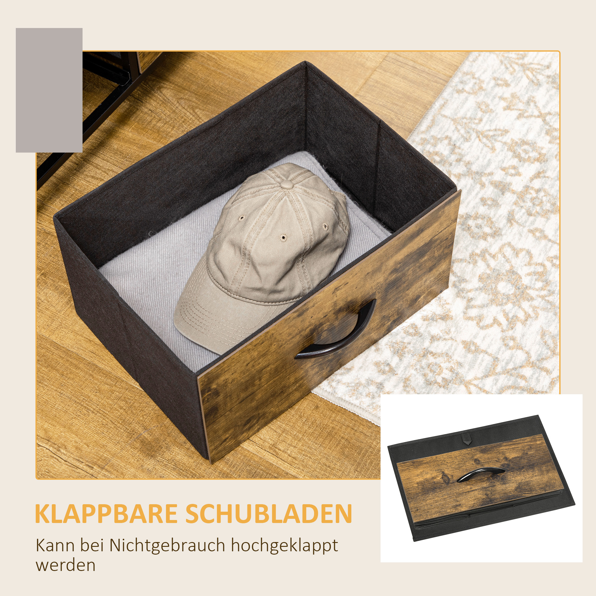 Kommode mit sechs Schubladen, offene Regale, MDF und Stahl, 84x30x92 cm, Braun/Schwarz, verstellbare Füße