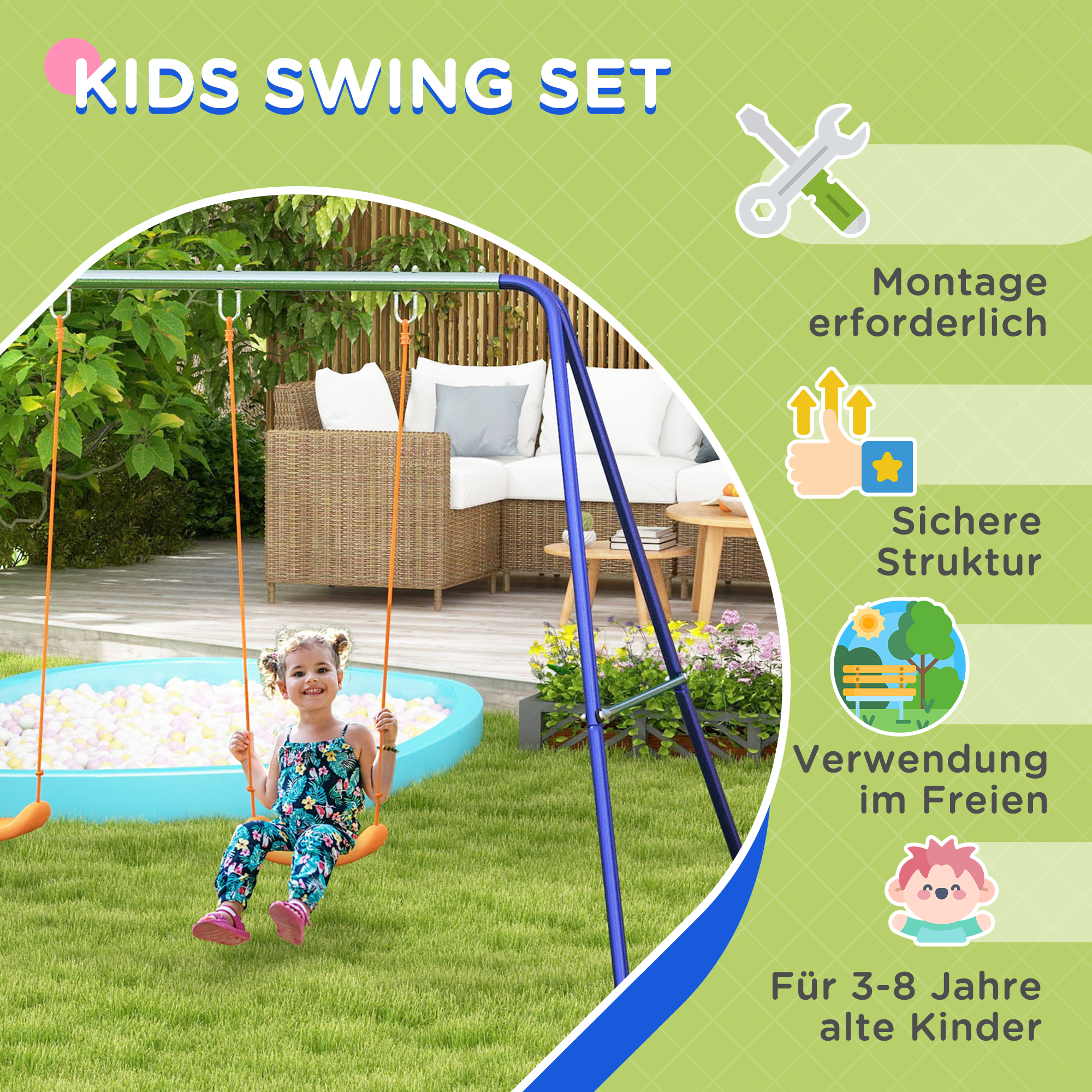 Kinder-Schaukelgestell mit 2 Schaukelsitzen, für 3-8 Jahre, Stahl, 2,7 x 1,6 x 1,8 m