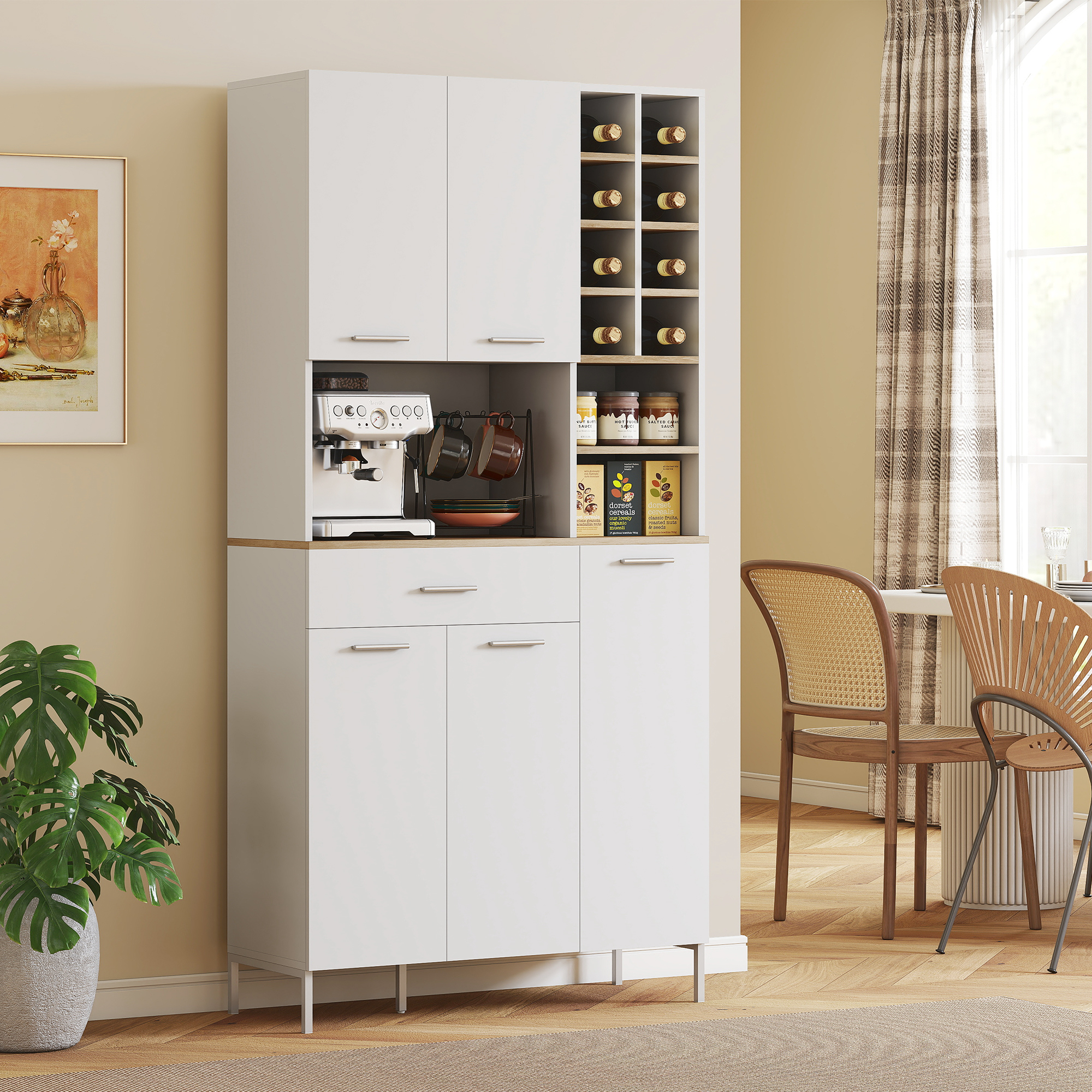 Küchenschrank mit offenen Regalen, Fächern, Weinregal, Vorratsschrank mit 5 Schranktüren, MDF, Weiß