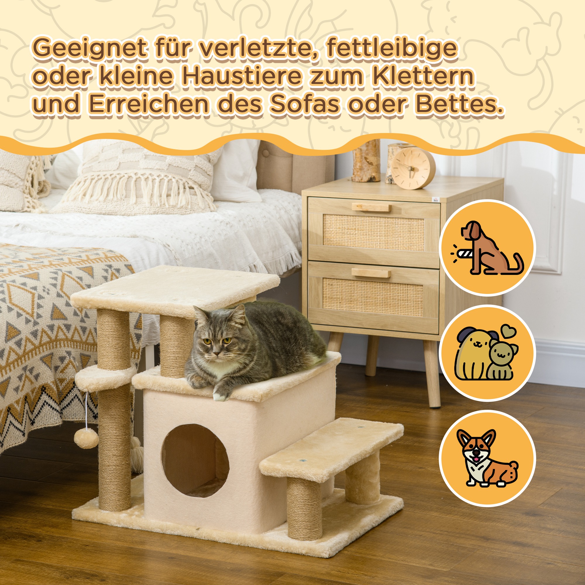 Haustiertreppe, Kratzbaum, 4 Stufen, Spielball, Häuschen, höhenverstellbar, 60 x 40 x 66 cm, Beige