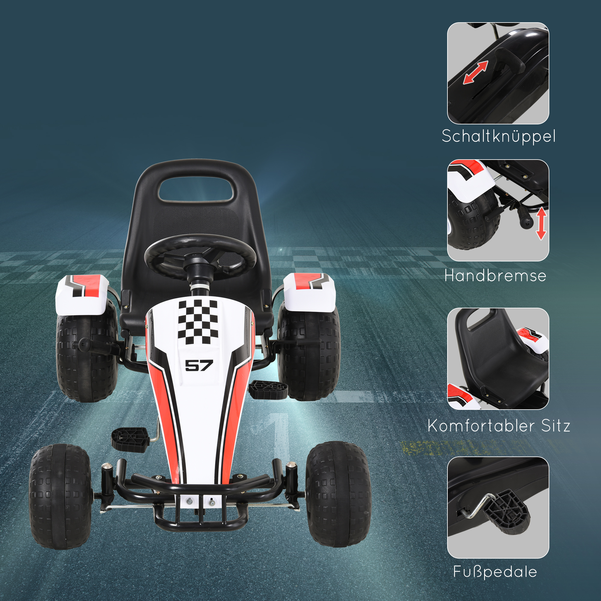 Gokart, Tretauto mit verstellbarem Sitz, Bremse, Pedalantrieb, Tretfahrzeug mit Vor- und Rückwärtsgang, Kinderfahrzeug bis 35 kg belastbar, für Kinder 3-6 Jahre Weiß