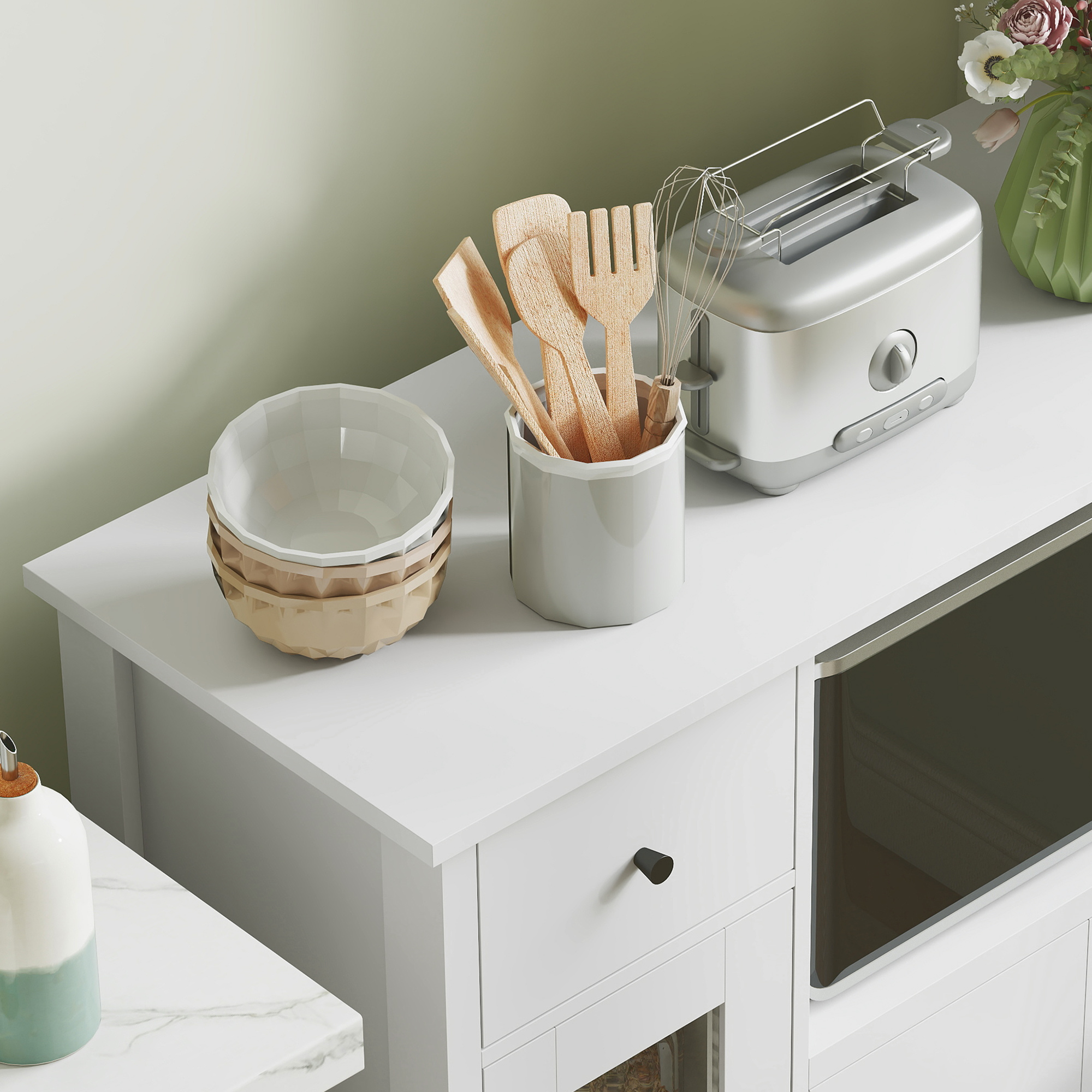 Küchenschrank mit Kabelloch, Kommode mit 2 Schränken, offenes Fach, Schublade, 80 x 35 x 72,2 cm, Spanplatte, Weiß