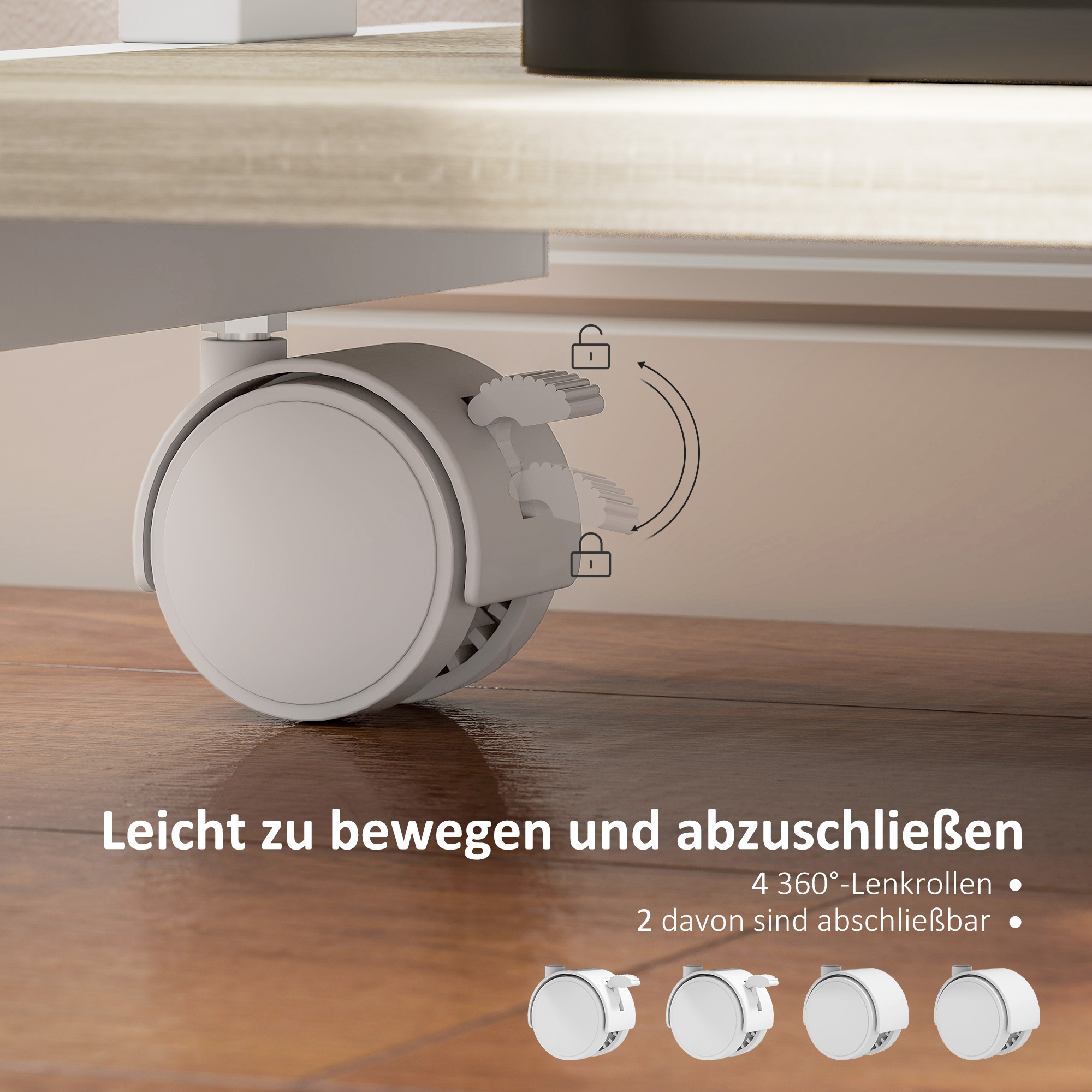 Roll-Schreibtisch mit Schublade und Regalen, 4 Räder, kompakt, Spanplatte, Metall