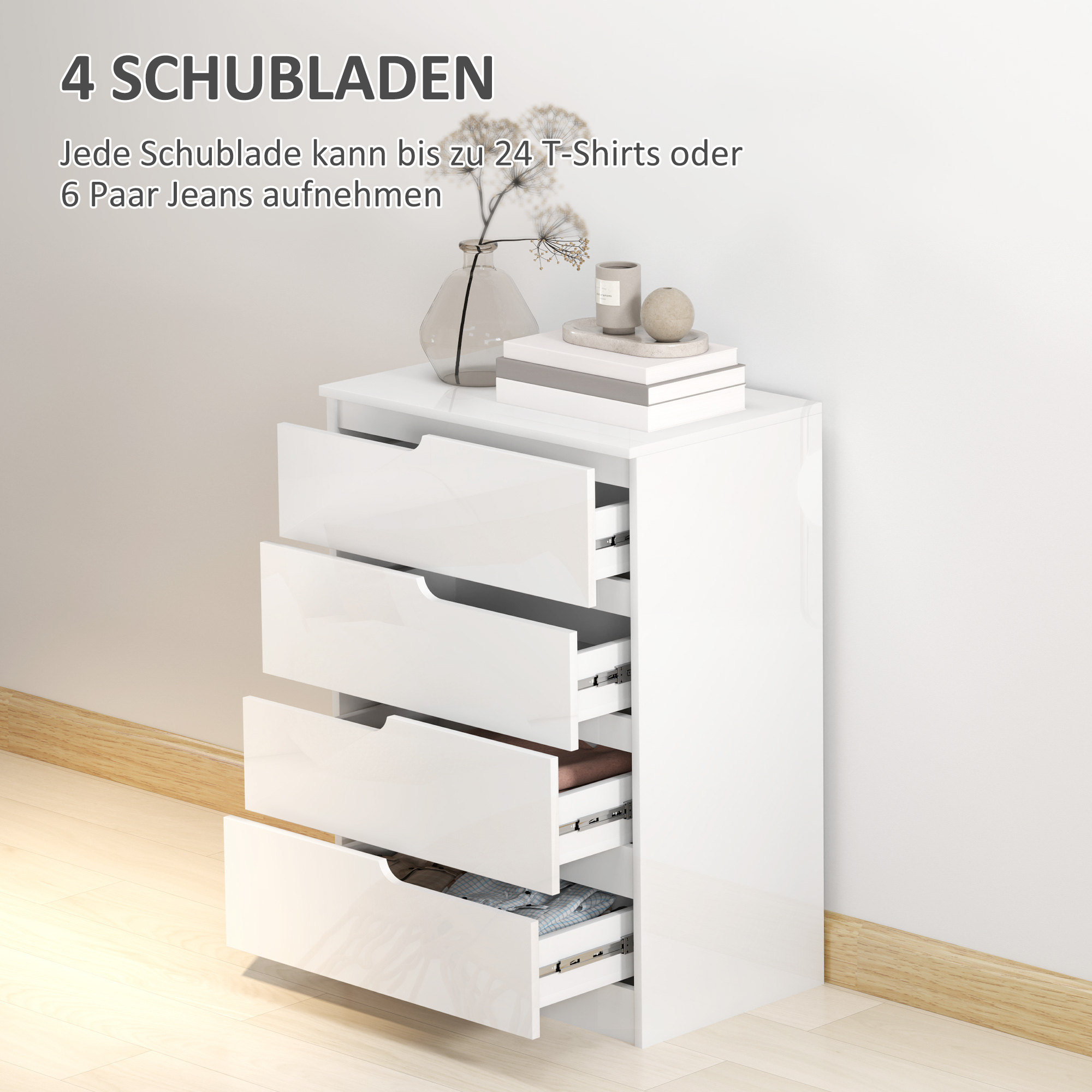 Moderne Kommode, Kleiderschrank, 4 Schubladen, Holz, Kippschutz, Fußpolster, Weiß