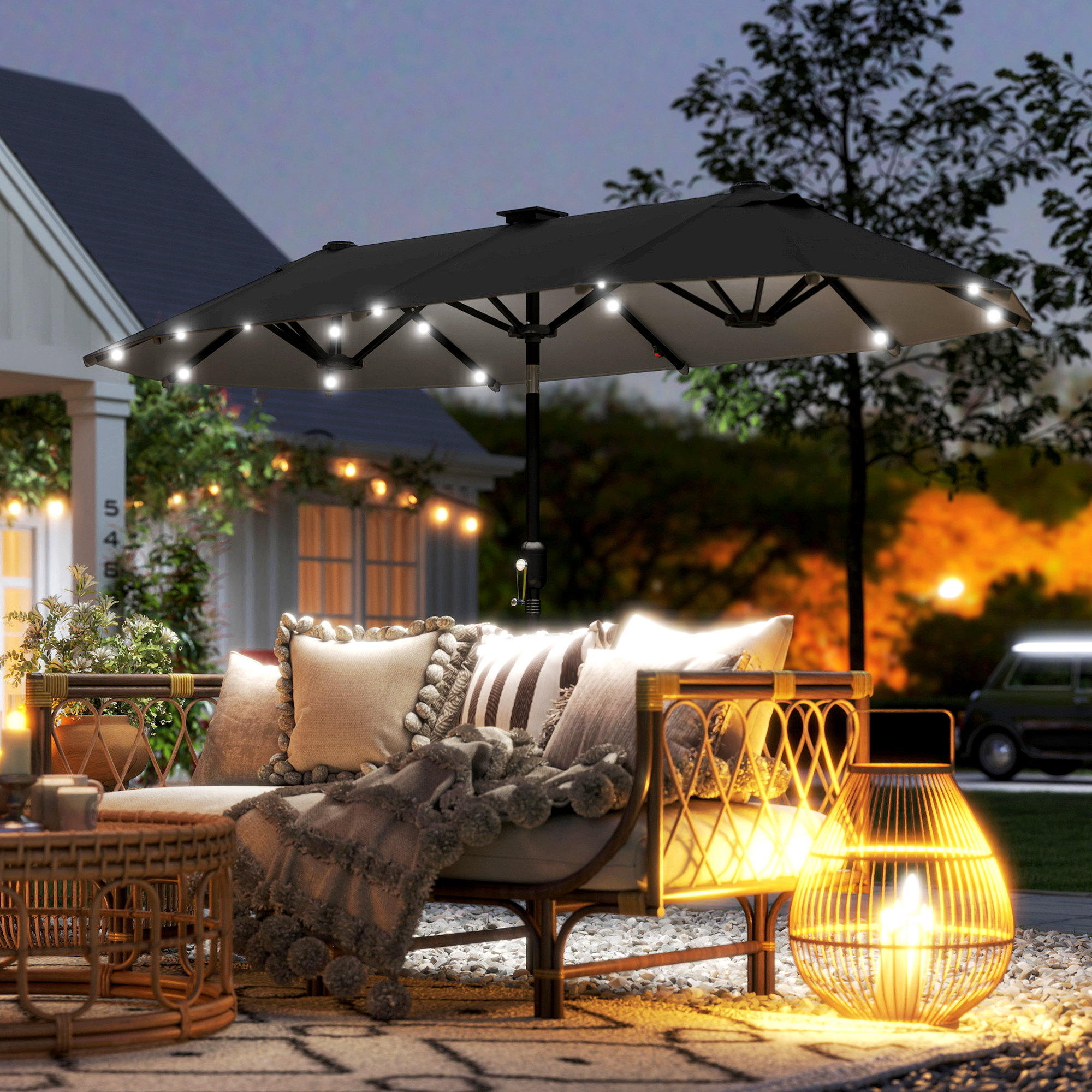 Doppelschirm, Terrassenschirm, neigbar, mit Solarpaneel, 35 LEDs, Stahlrahmen, grau, 2,92 x 1,50 x 2,18 m