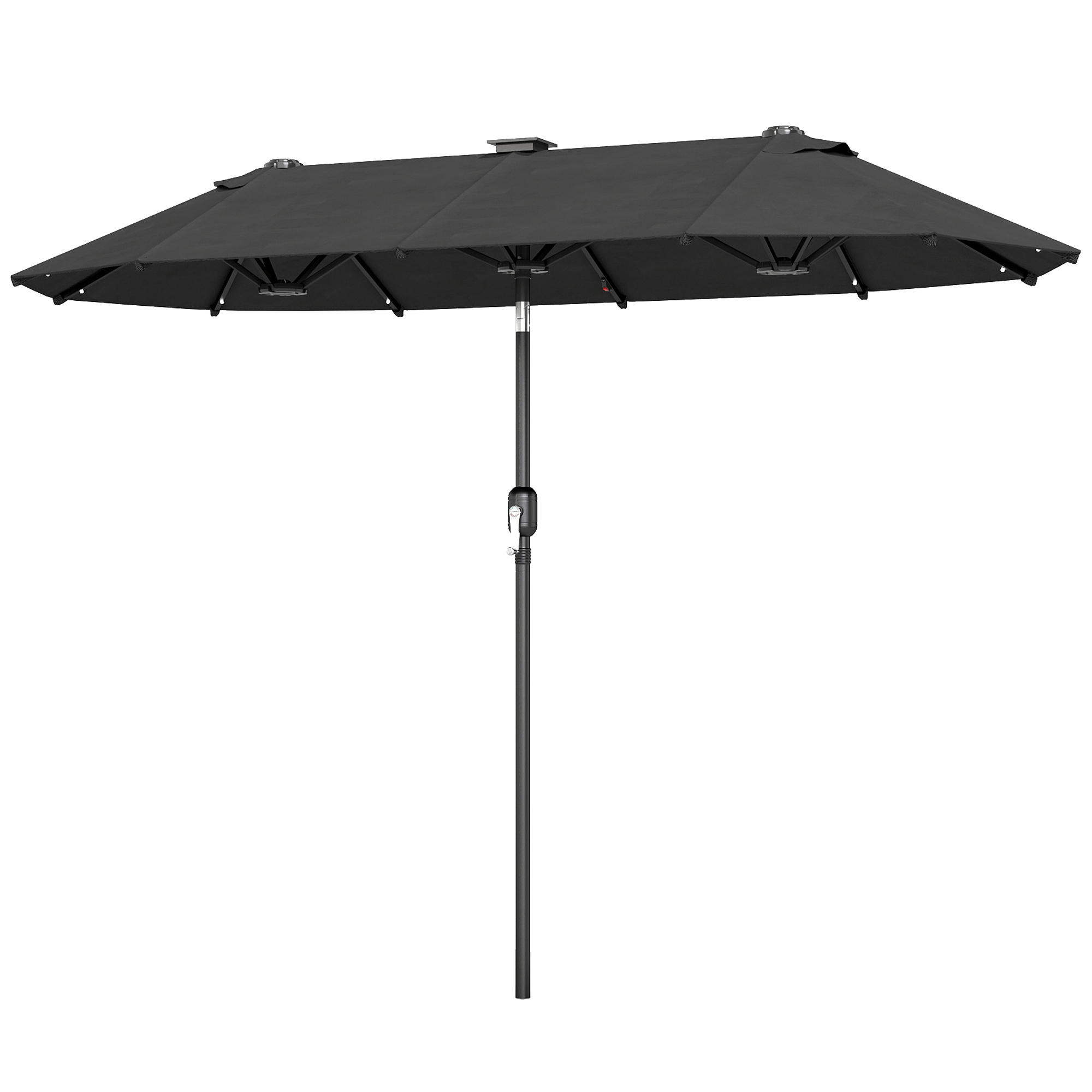 Doppelschirm, Terrassenschirm, neigbar, mit Solarpaneel, 35 LEDs, Stahlrahmen, grau, 2,92 x 1,50 x 2,18 m