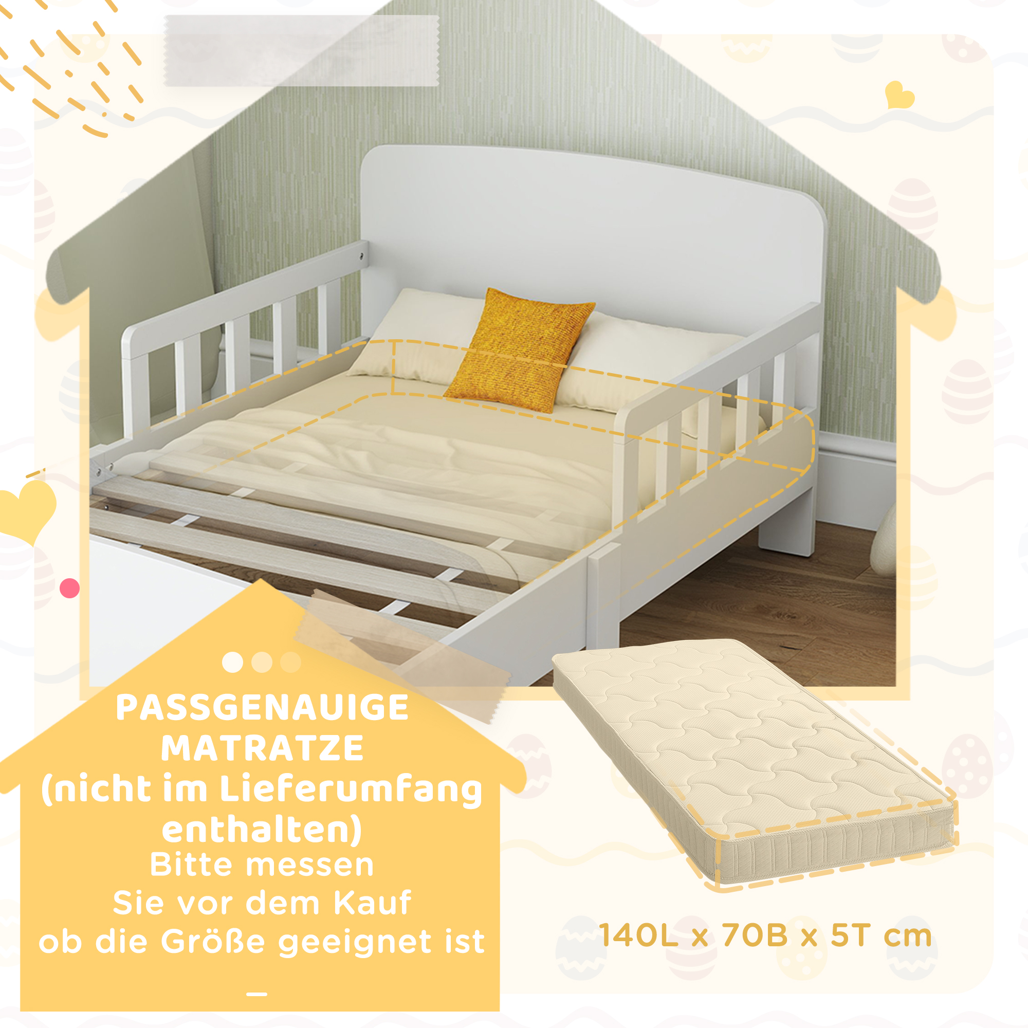 Kinderbett mit Sicherheitsschienen, Kleinkinderbett für Kinder im Alter von 3-8 Jahren, MDF, Weiß