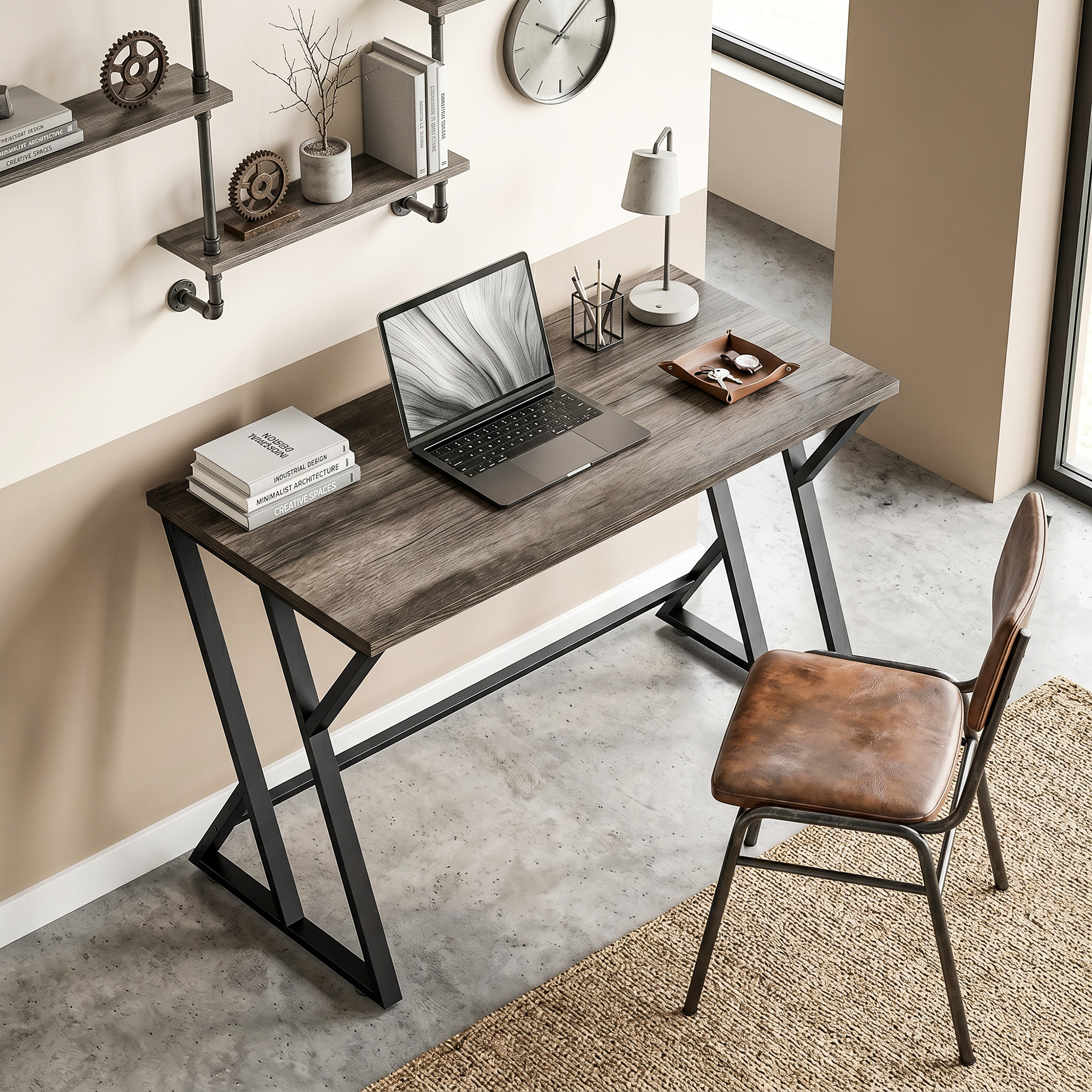Schreibtisch Computertisch 120x60cm Bürotisch mit Z-förmigem Metallfuß, Holzoptik, Industriedesign für Büro, Grau