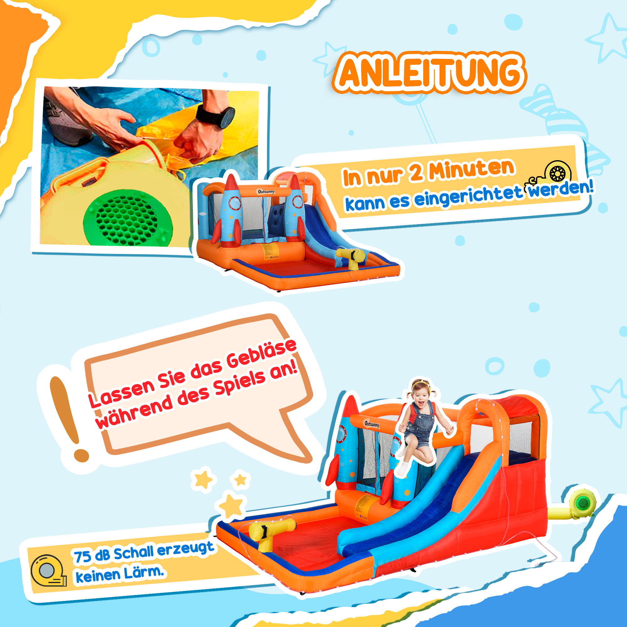 aufblasbare Hüpfburg inkl. Gebläse, Flicken und Befestigungsmaterial, 350 cm x 250 cm x 185 cm, Mehrfarbig