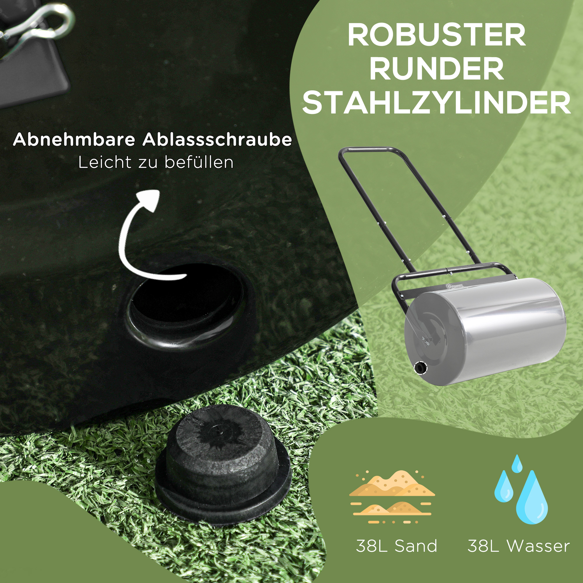 Rasenwalze mit U-Griff, Gartenwalze, Gartenrolle, 32 cm Durchmesser, 38 L Wasser-/62 kg Sand, Metall, Schwarz, 58 x 32,5 x 113 cm