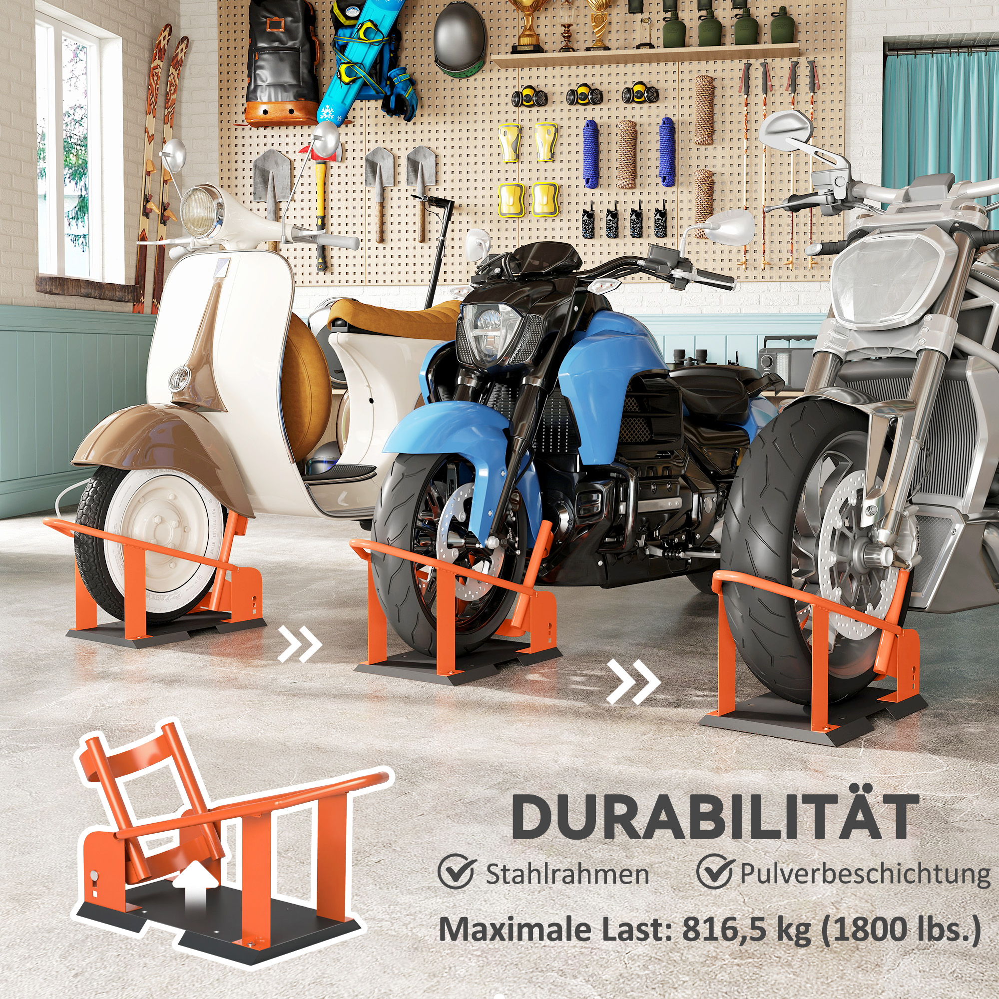 Motorradständer für 15-21", 381-533,4 mm Vorderrad, einstellbare Motorradwippe 816,5 kg Tragkraft Orange