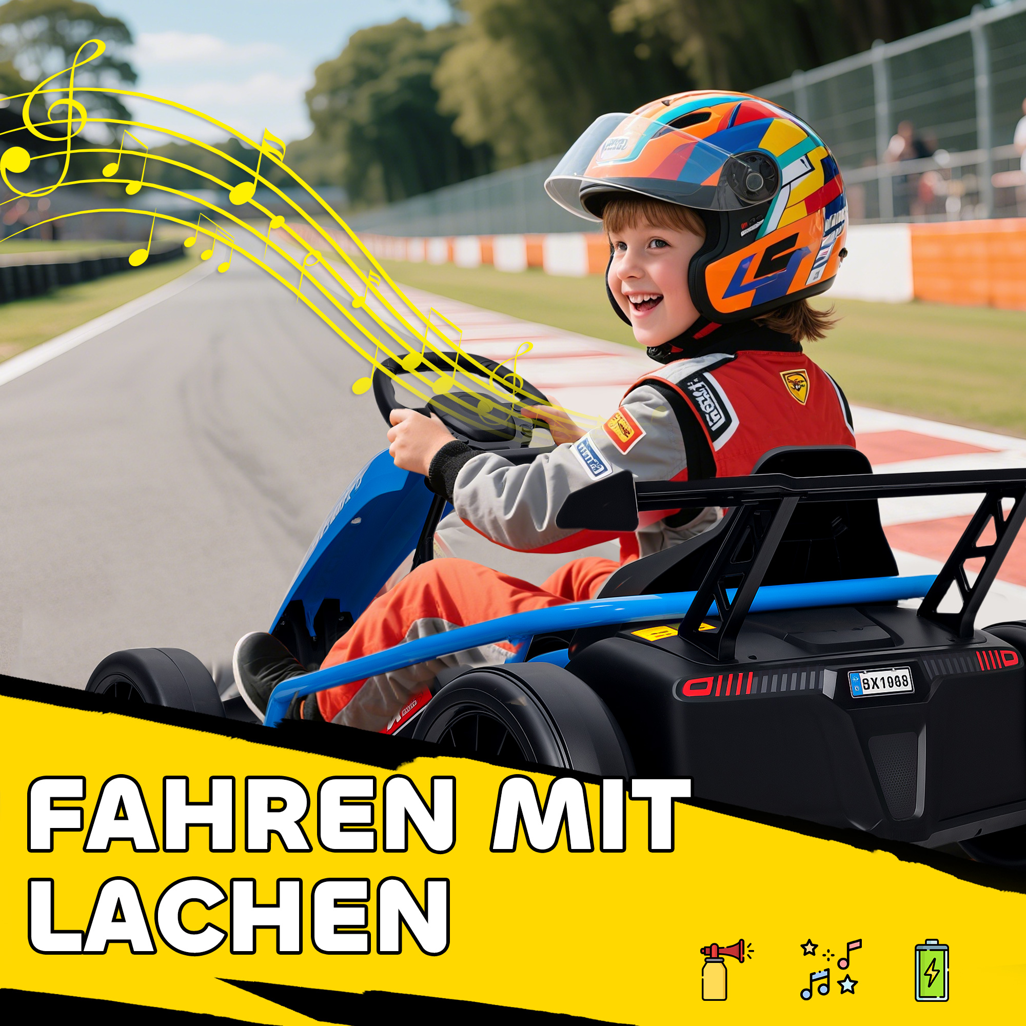 24V Elektro-Go-Kart zum Fahren und Driften, Nylon-Reifen, Sicherheitsgurt, Hupe, Musik für 8-12 Jahre Blau