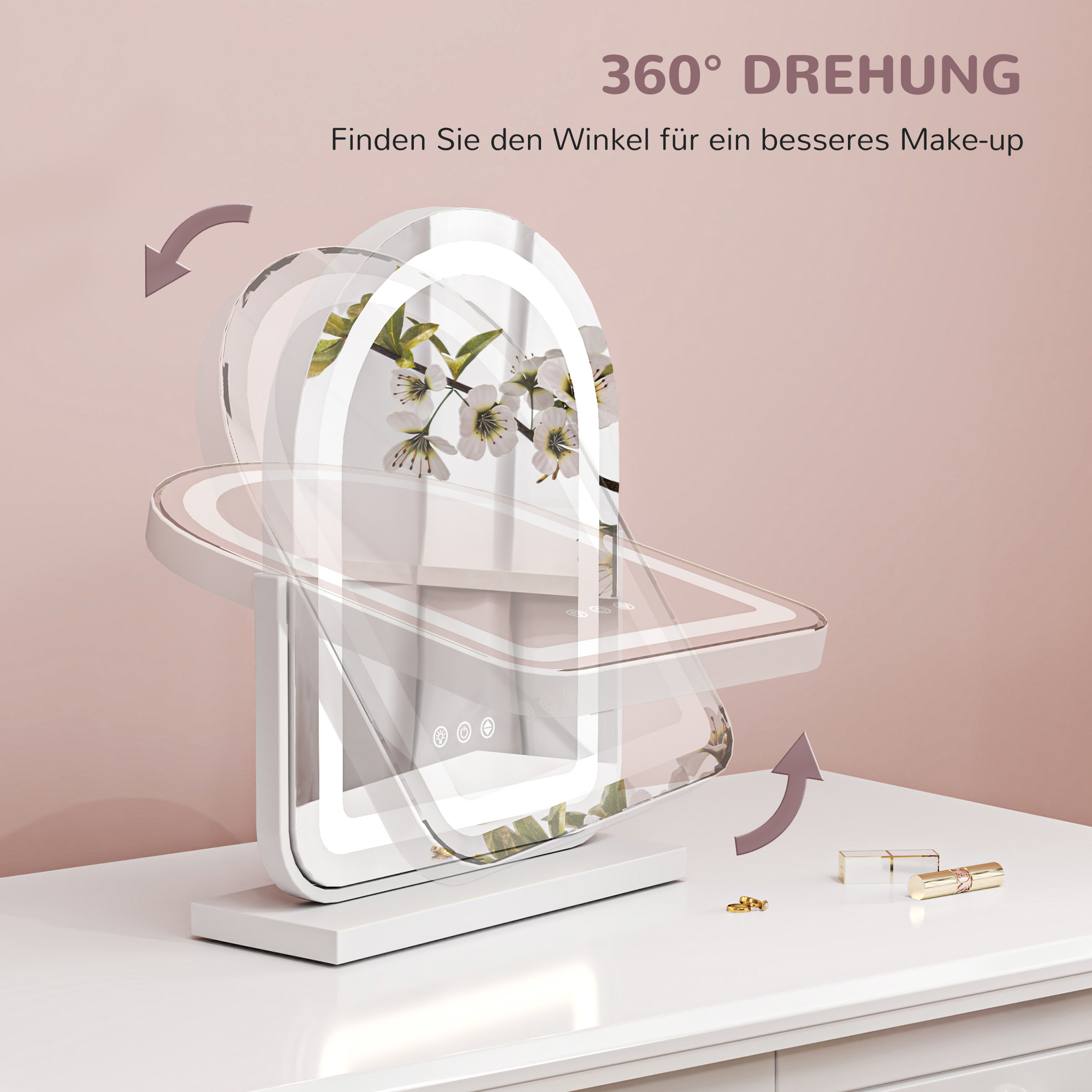 Kosmetikspiegel mit LED-Beleuchtung, 3 Lichttemperaturen, drehbar, Touch-Steuerung, Weiß