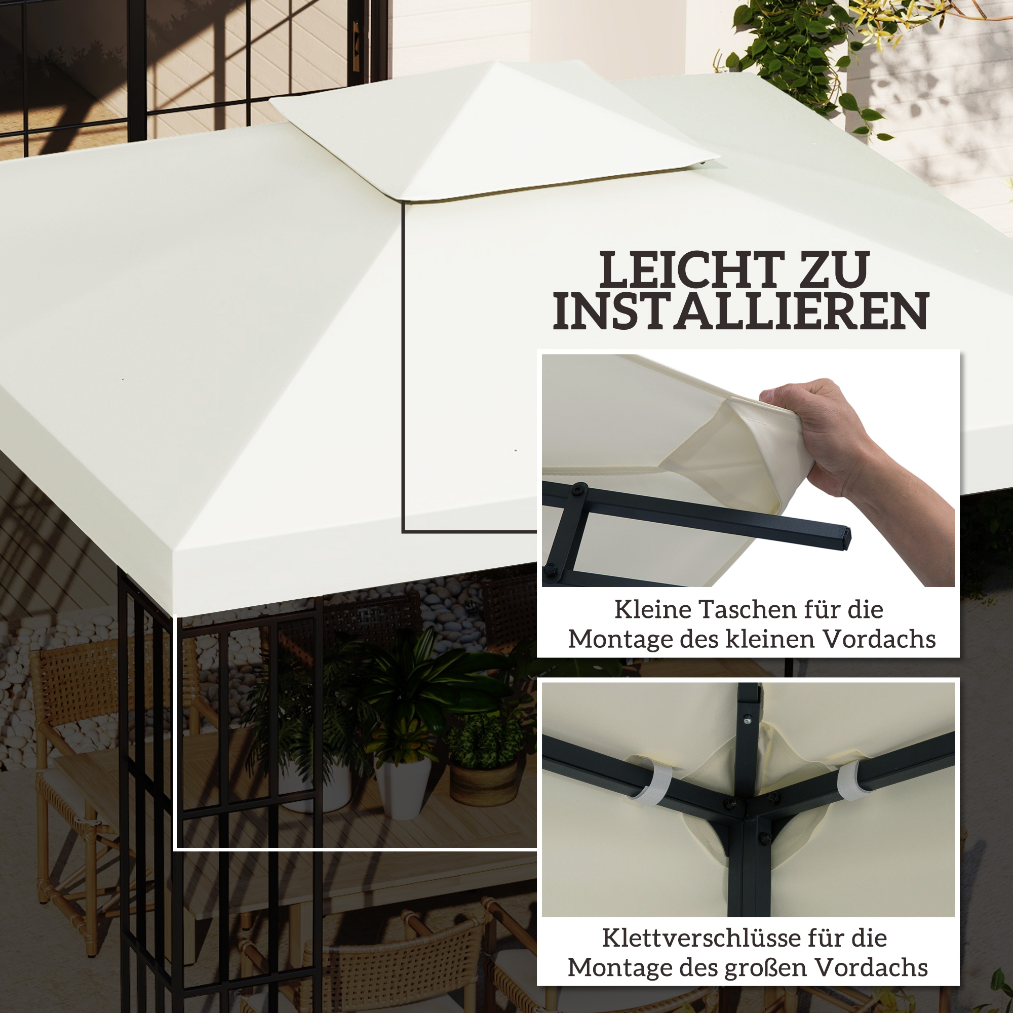 Ersatzdach für Pavillon 3x3m wasserabweisend Pavillondach für Metallpavillon Pavillon Ersatzdach Gartenpavillon Partyzelt Gartenzelt Polyester Cremeweiß