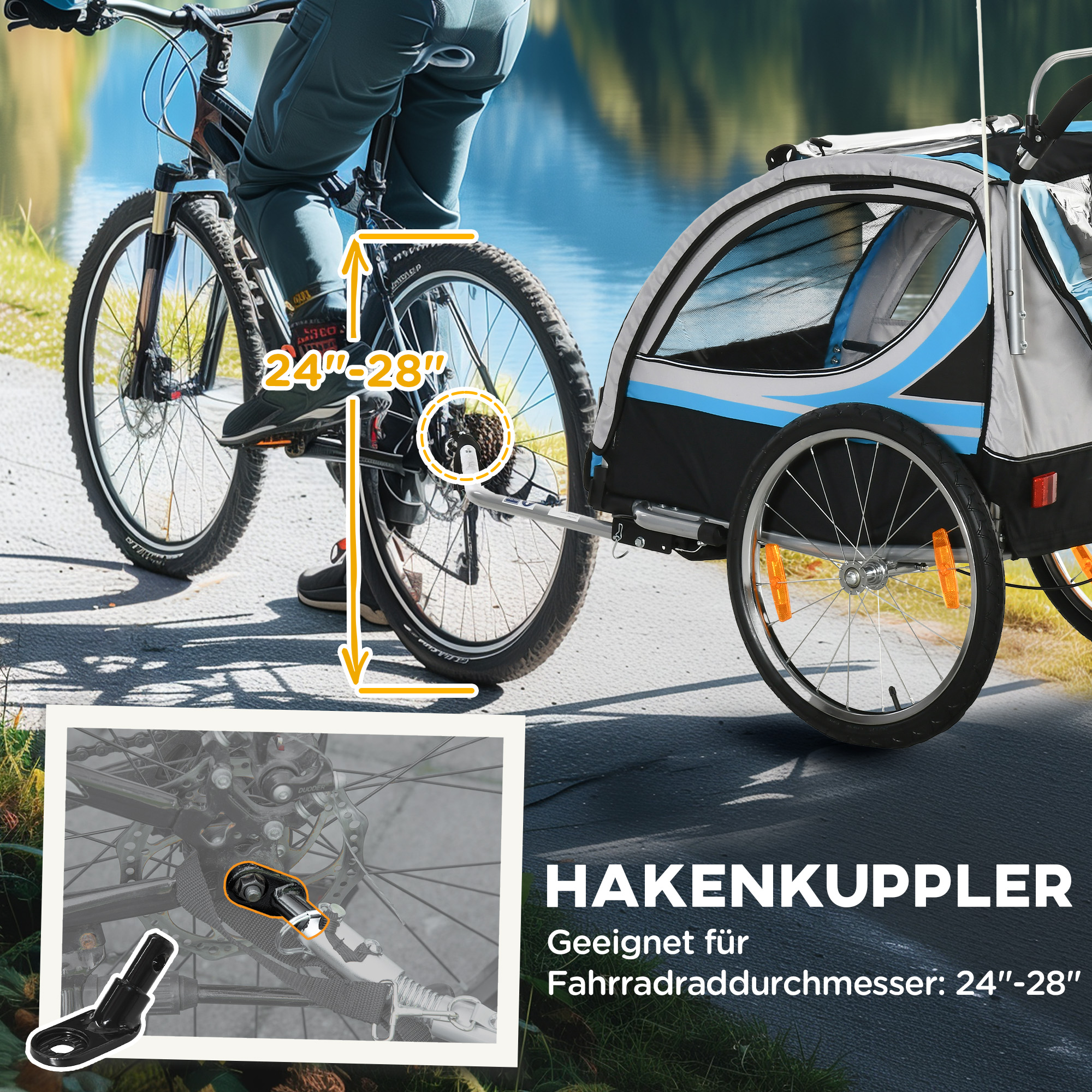 Kinderanhänger, Kinderwagen, 5-Punkt-Sicherheitsgurt, Universalkupplung, Stahl, Blau, 142 x 75 x 101 cm