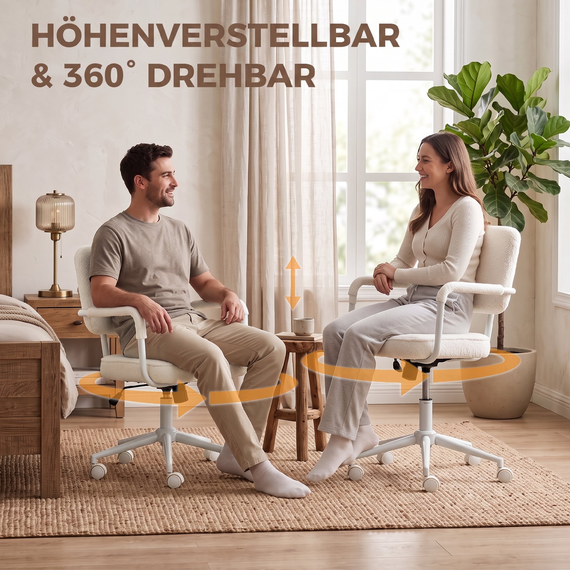 Bürostuhl aus Sherpa-Fleece, Drehstuhl mit 360°-Drehfunktion, Wippfunktion, höhenverstellbar, mit PU-Rollen, cremeweiß