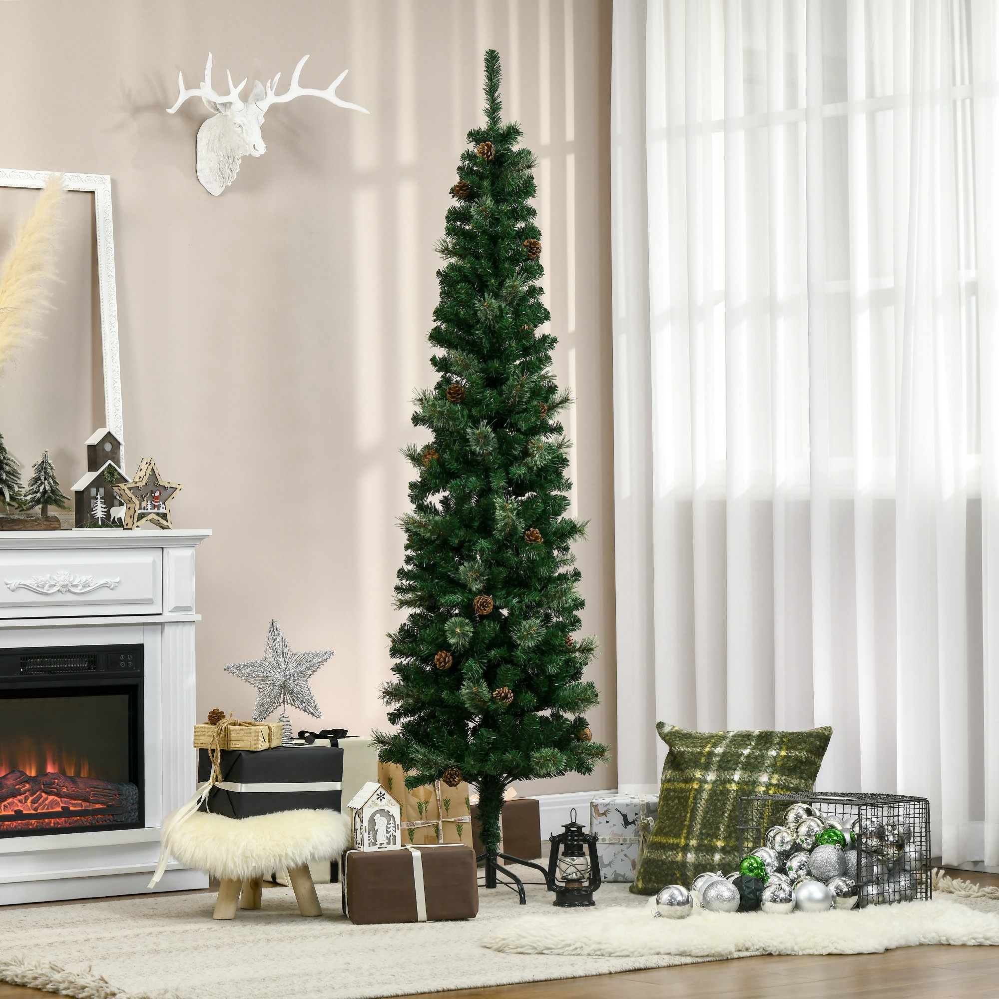 Künstlicher Weihnachtsbaum, schlank, Tannenzapfen, flammenhemmend, 54 x 195 cm, Grün