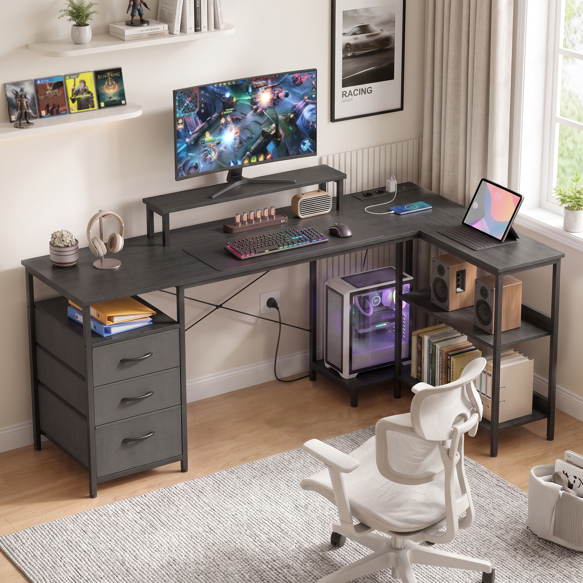 Schreibtisch in L-Form, umkehrbarer Eckschreibtisch mit Schubladen und Regalen, 170 cm, Schwarz