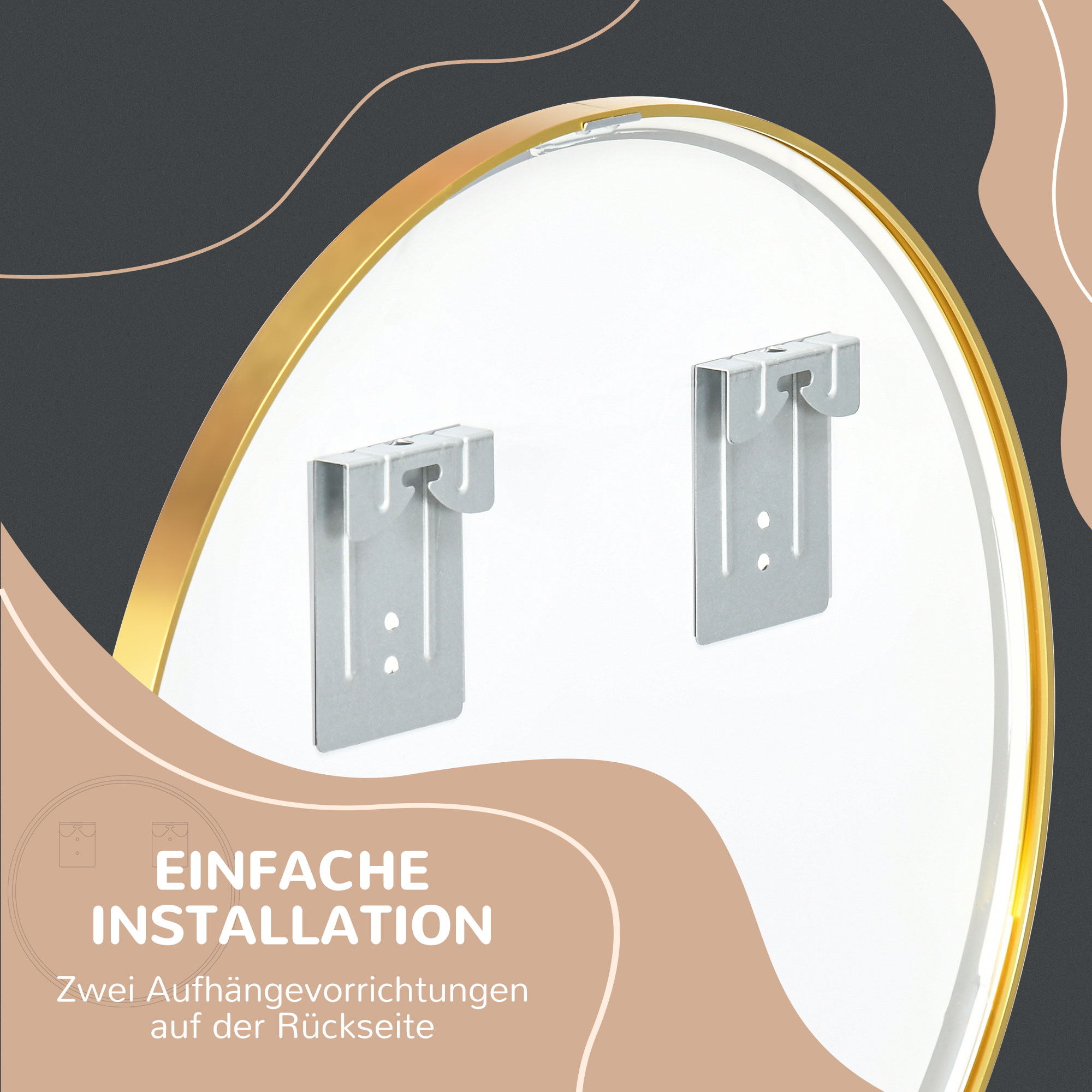 Runder Wandspiegel für Bad, Schlafzimmer, Flur, Metallrahmen, Farbe: Gold, Ø50 cm