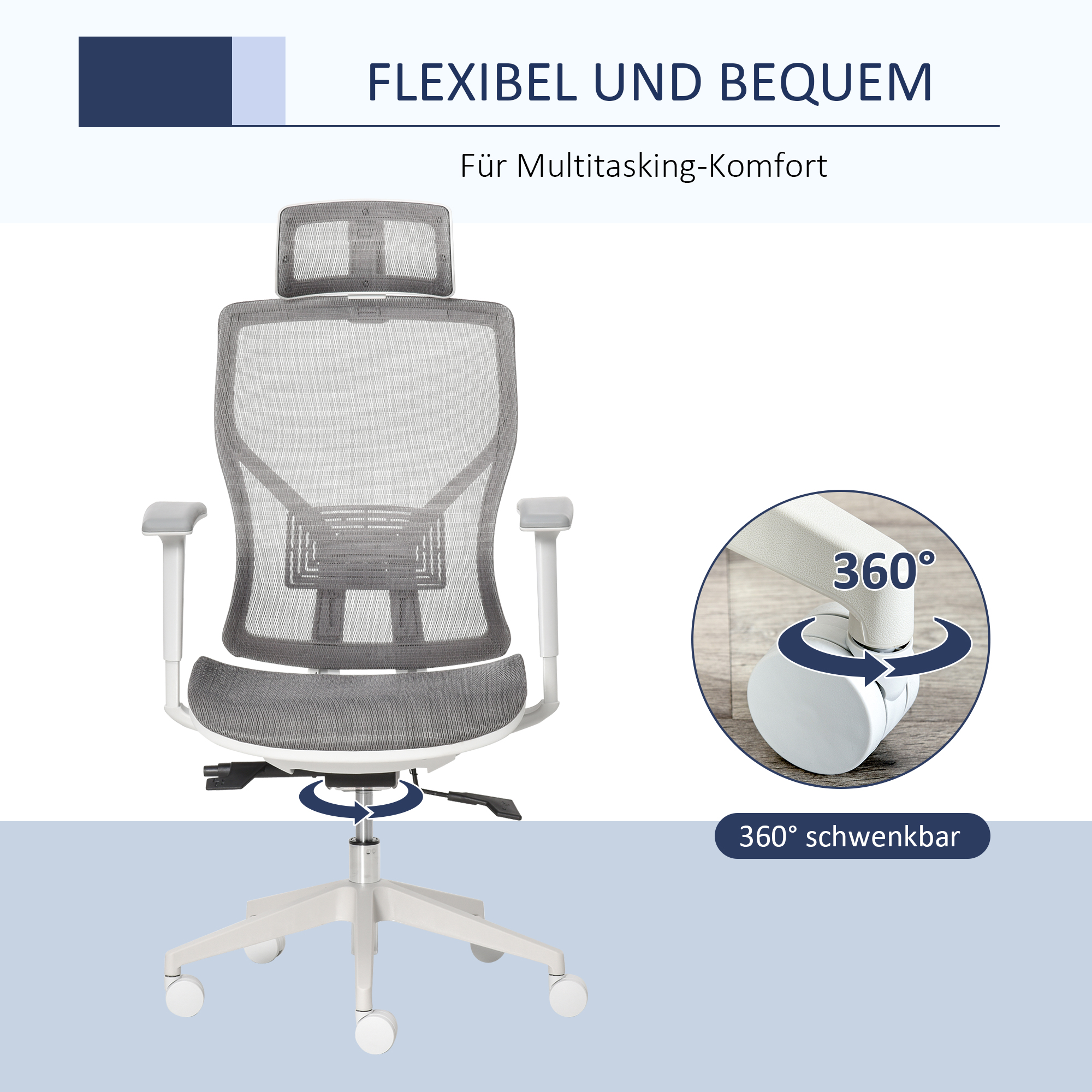 Bürostuhl Schreibtischstuhl Drehstuhl Gamingstuhl mit Kopflehne Lendenkissen 3D-Armlehne 3 Stufen 360°-Drehräder höhenverstellbar ergonomisch Mesh-Stoff Schaumstoff Grau 67 x 65 x 120-128 cm