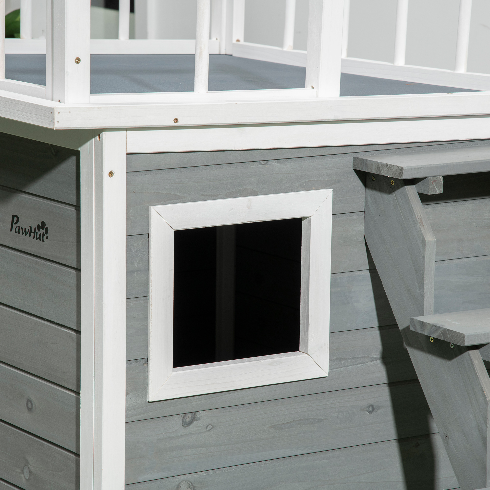 Hundehütte, Dachterrasse, Treppe, Fenster, Bodenabstand, Naturholz, hellgrau, 121 x 77 x 78cm