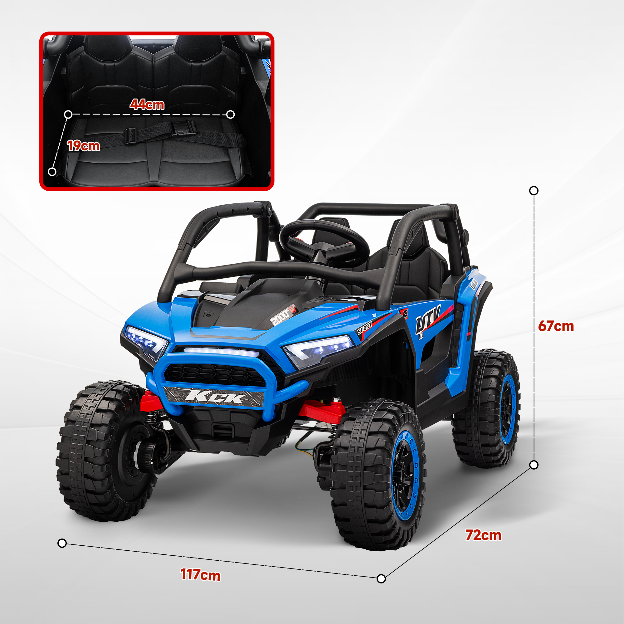 Kinderauto Elektro-UTV, 5-7 km/h, 2-Sitzer, Fernbedienung, Musik, Lichter, 1h Fahrtdauer, Blau