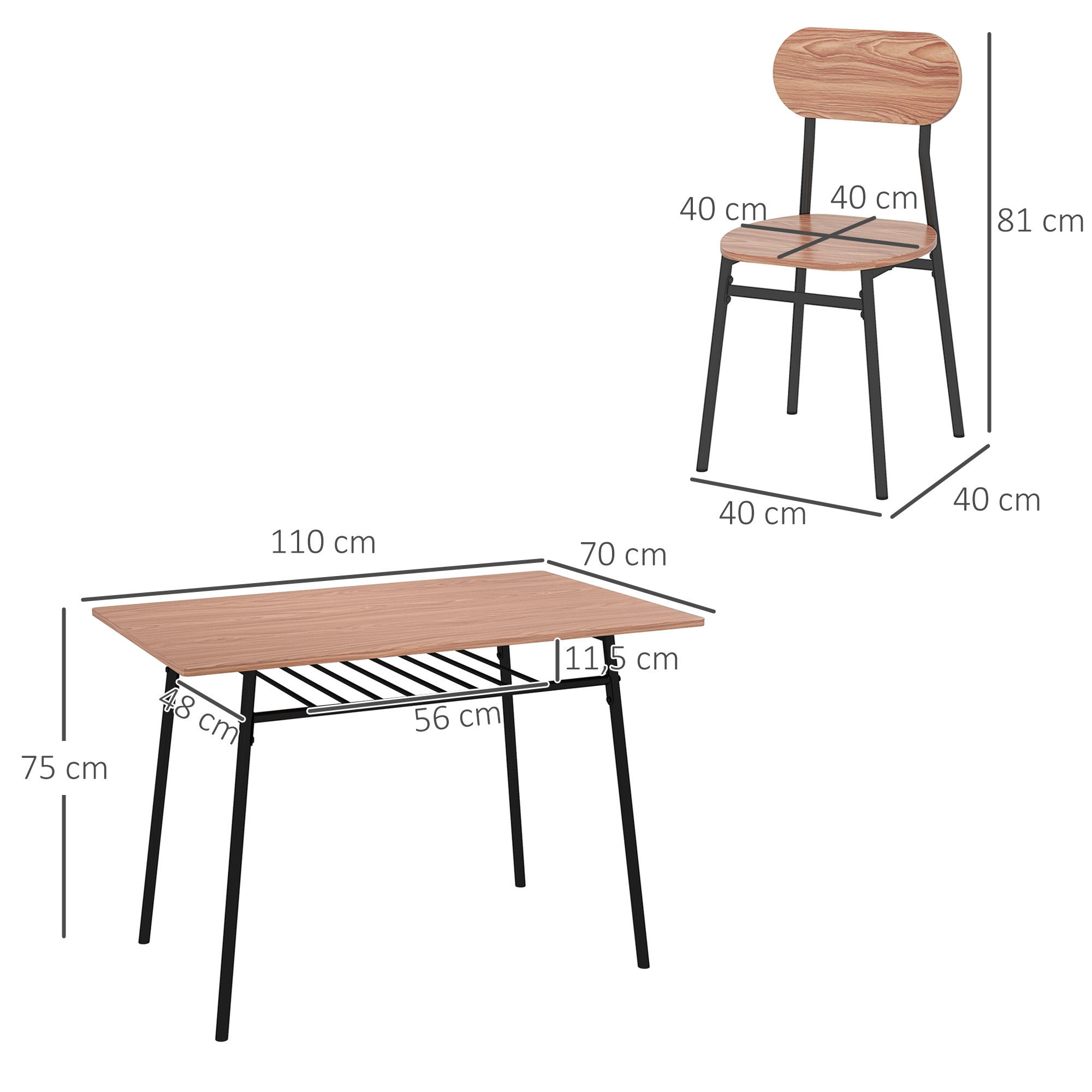 Essgruppe Tisch mit Stühlen Esszimmertisch, Industriedesign, 110 cm x 70 cm x 75 cm, Braun
