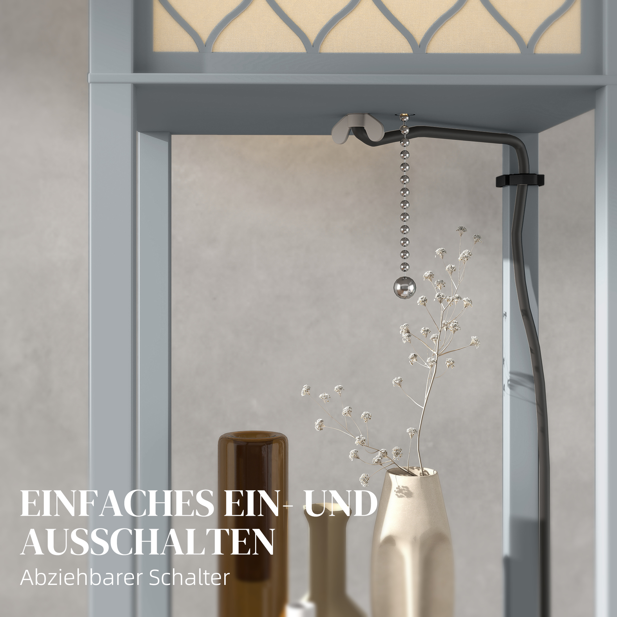 Stehlampe mit Regal, 3 Fächer, kompakte Maße, MDF, Hellgrau