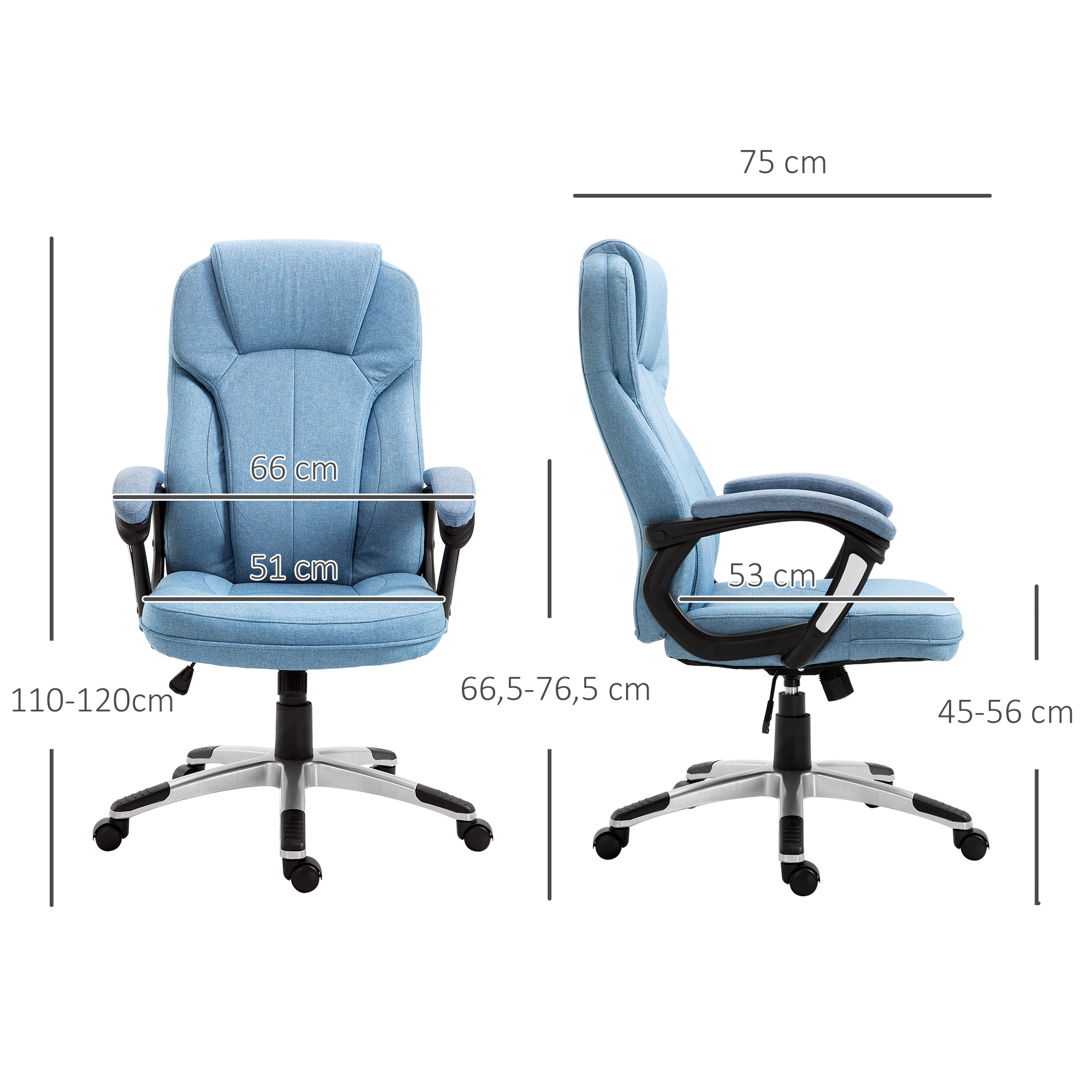 Bürostuhl Computerstuhl Drehstuhl höhenverstellbar Wippfunktion mit Kopfstütze und gepolsterte Armlehnen Ergonomisch Hellblau Leinen 66 x 75 x 110-120 cm