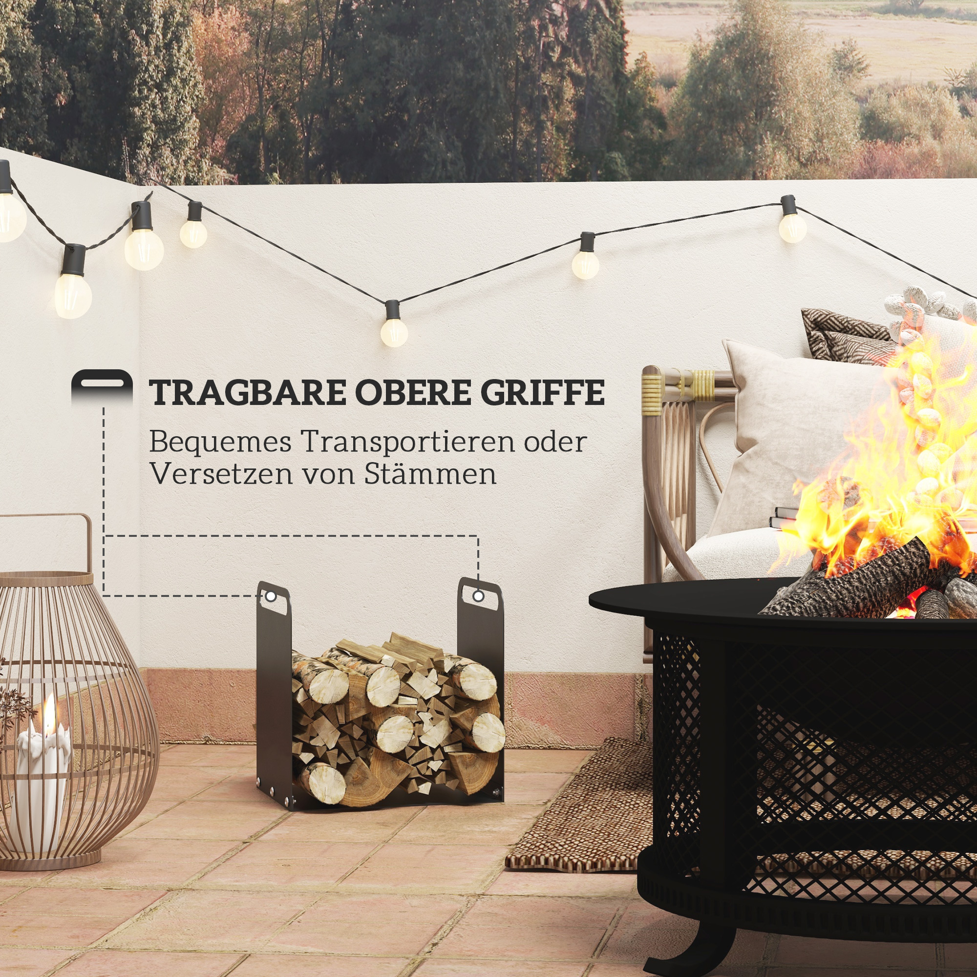 Feuerholzgestell, 2 Tragegriffe, Stahlrahmen, bis 30kg, 36x30x36cm, Schwarz