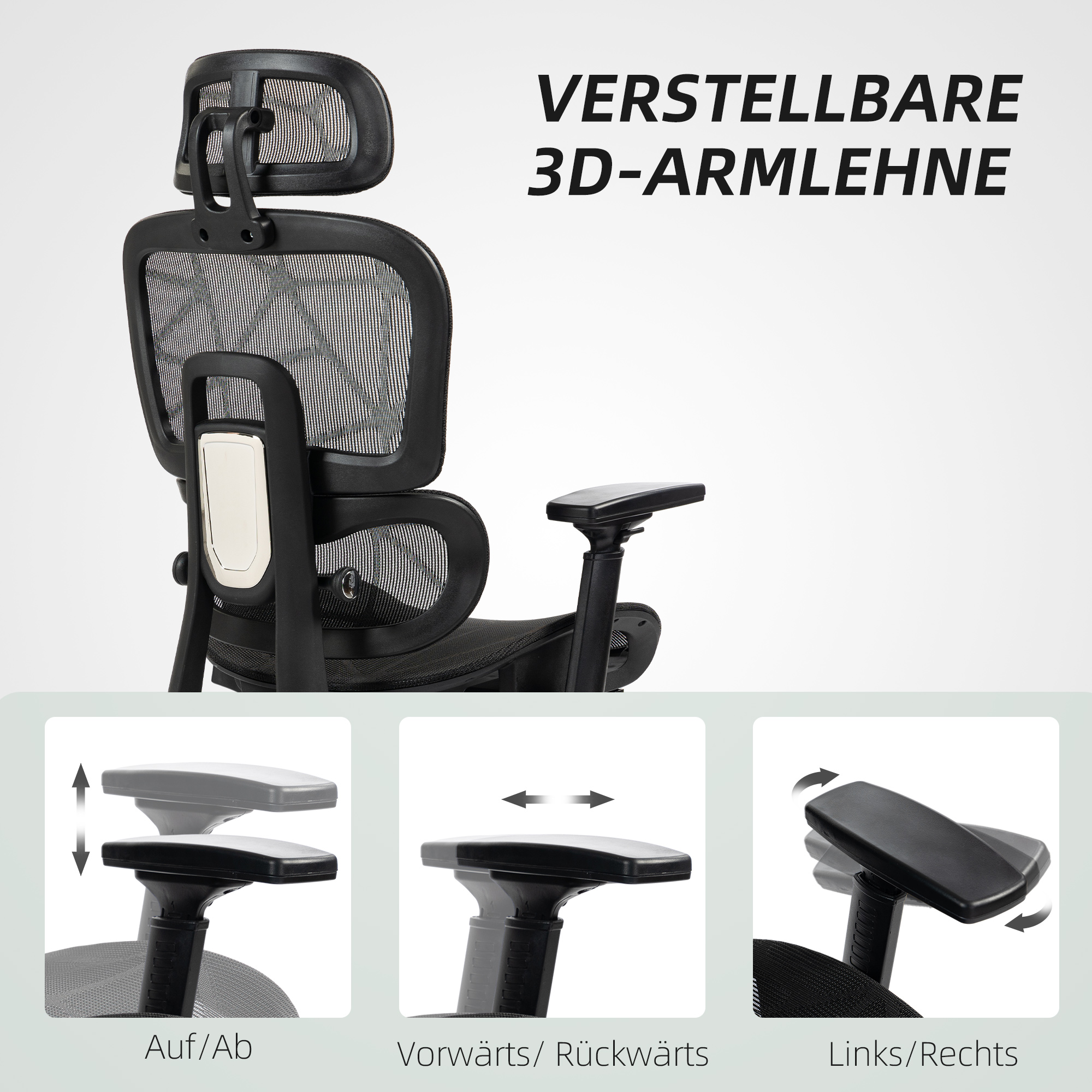 Bürostuhl, Ergonomischer Schreibtischstuhl mit Netzstoffbezug, verstellbar, rollbar, mit Armlehnen, Kopfstütze, Schwarz