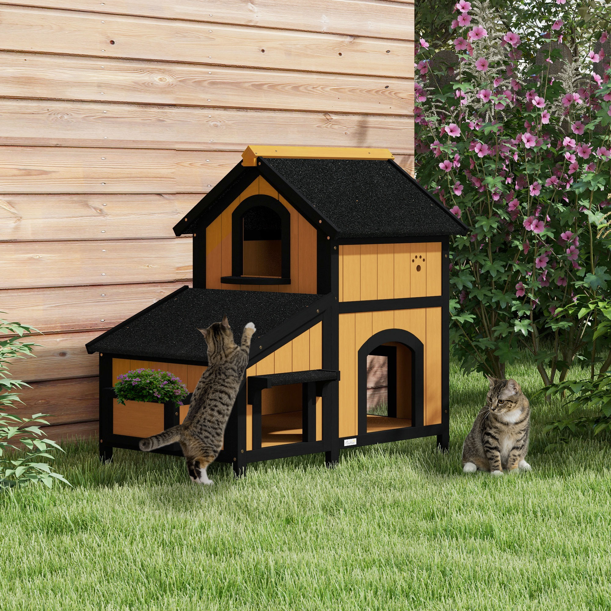 Katzenhaus Katzenhütte Katzenhöhle, inkl, Blumenkasten, 96 cm x 65 cm x 85,5 cm, Gelb + Weiß + Schwarz
