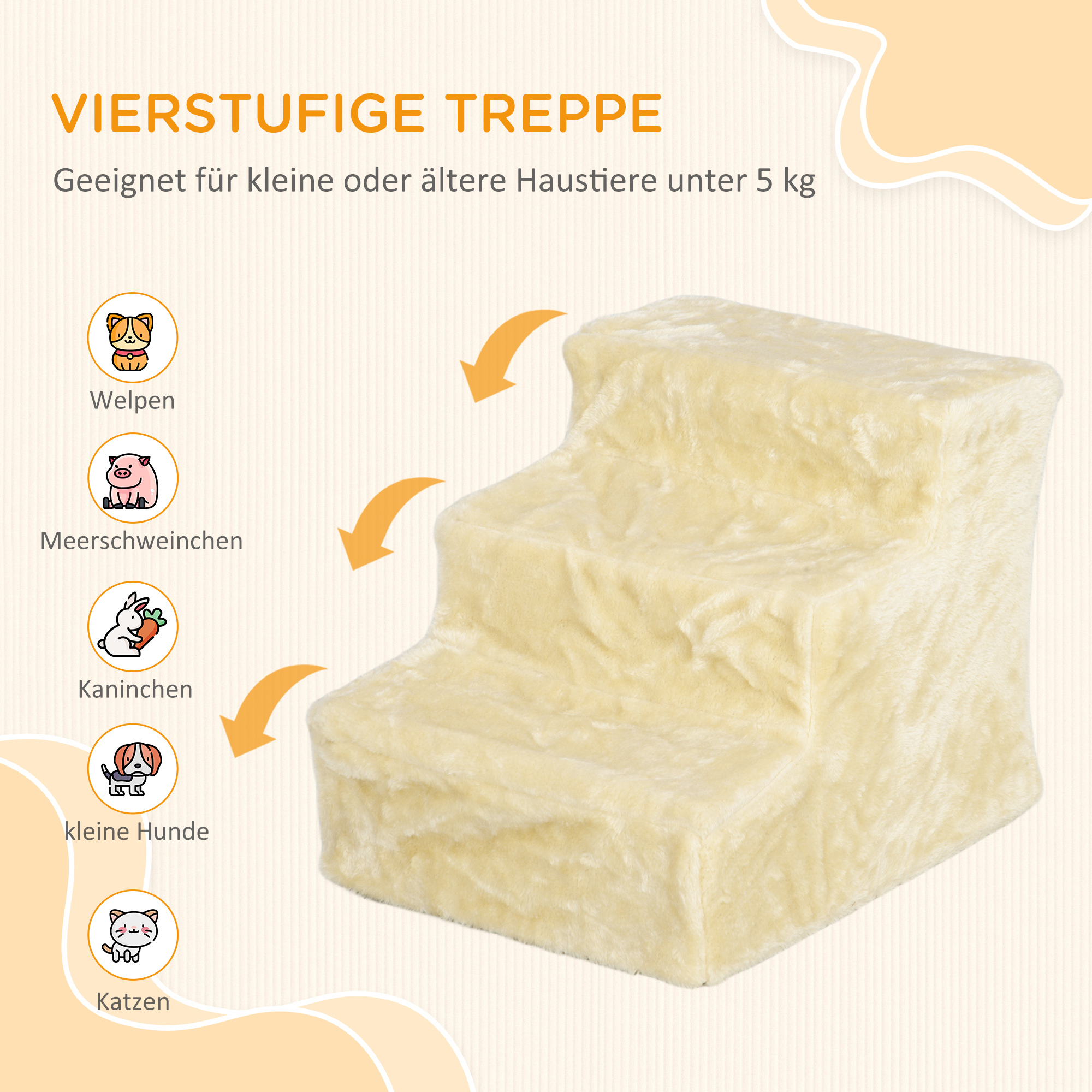 faltbare Haustiertreppe, 3 Stufen, waschbarer Plüschbezug, Spanplatte, 46 x 35 x 35 cm, Beige