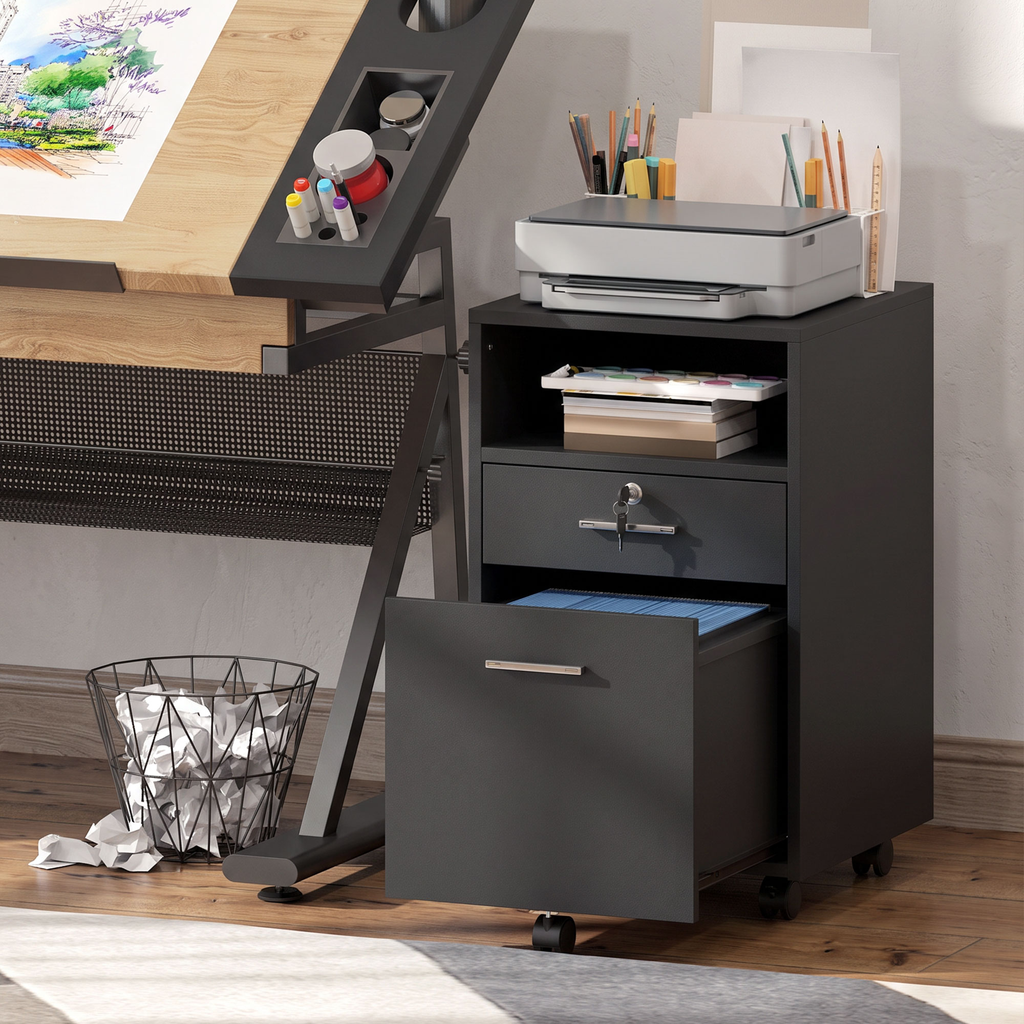 Büroschrank Rollcontainer, 2 Schubladen, eine Schublade abschließbar, 5 Rollen, Schwarz, 40 x 40 x 65 cm