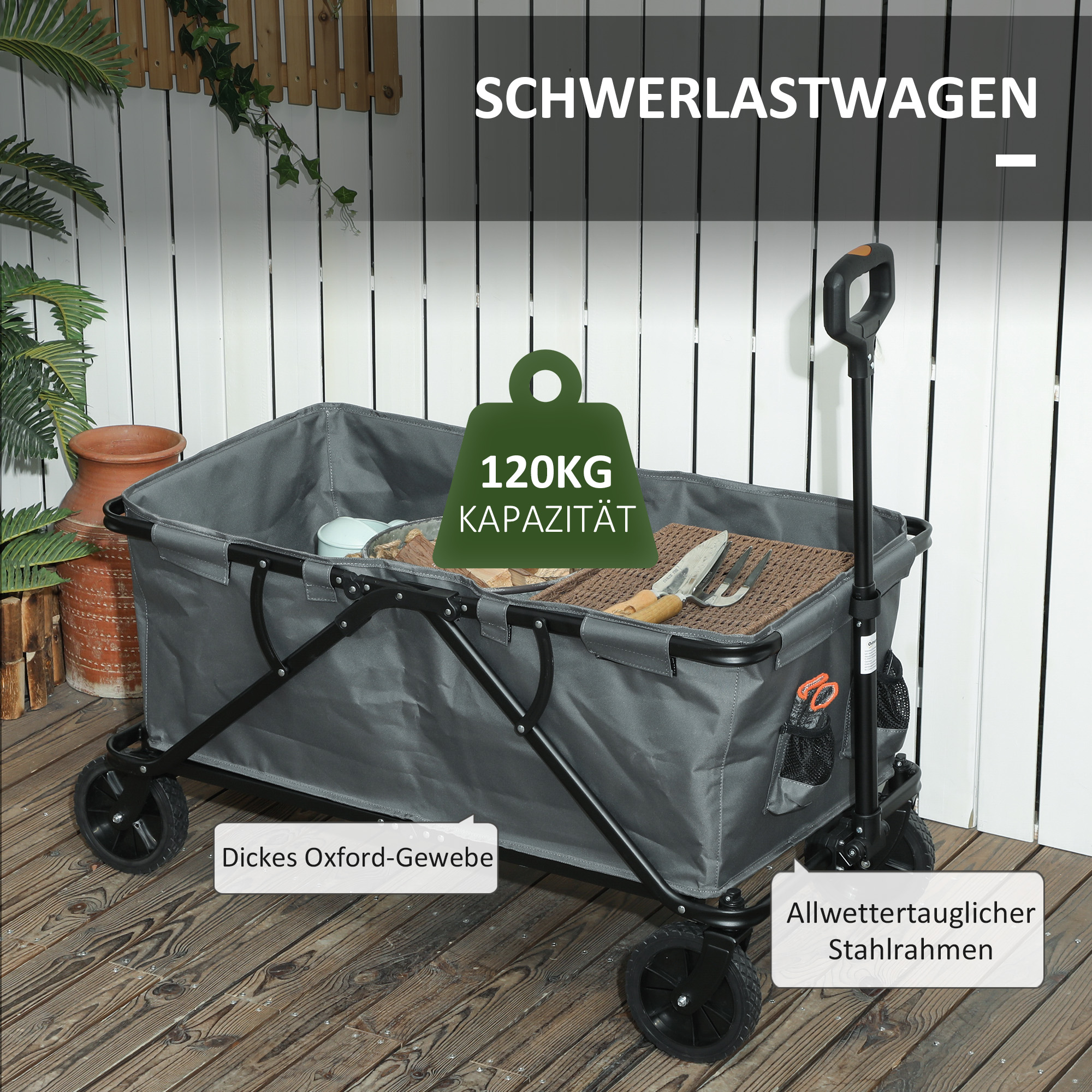 Gartenwagen 120 kg belastbar, klappbar Transportwagen mit herausnehmbare Plane 160 Liter Dunkelgrau