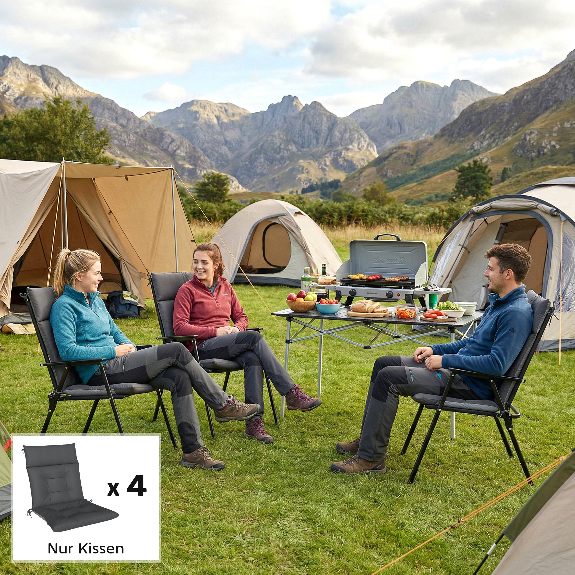 4er Set Sitzkissen wasserabweisend rutschfest Stuhlkissen mit Bändern, Indoor Outdoor 111,5 x 53 x 8 cm Dunkelgrau