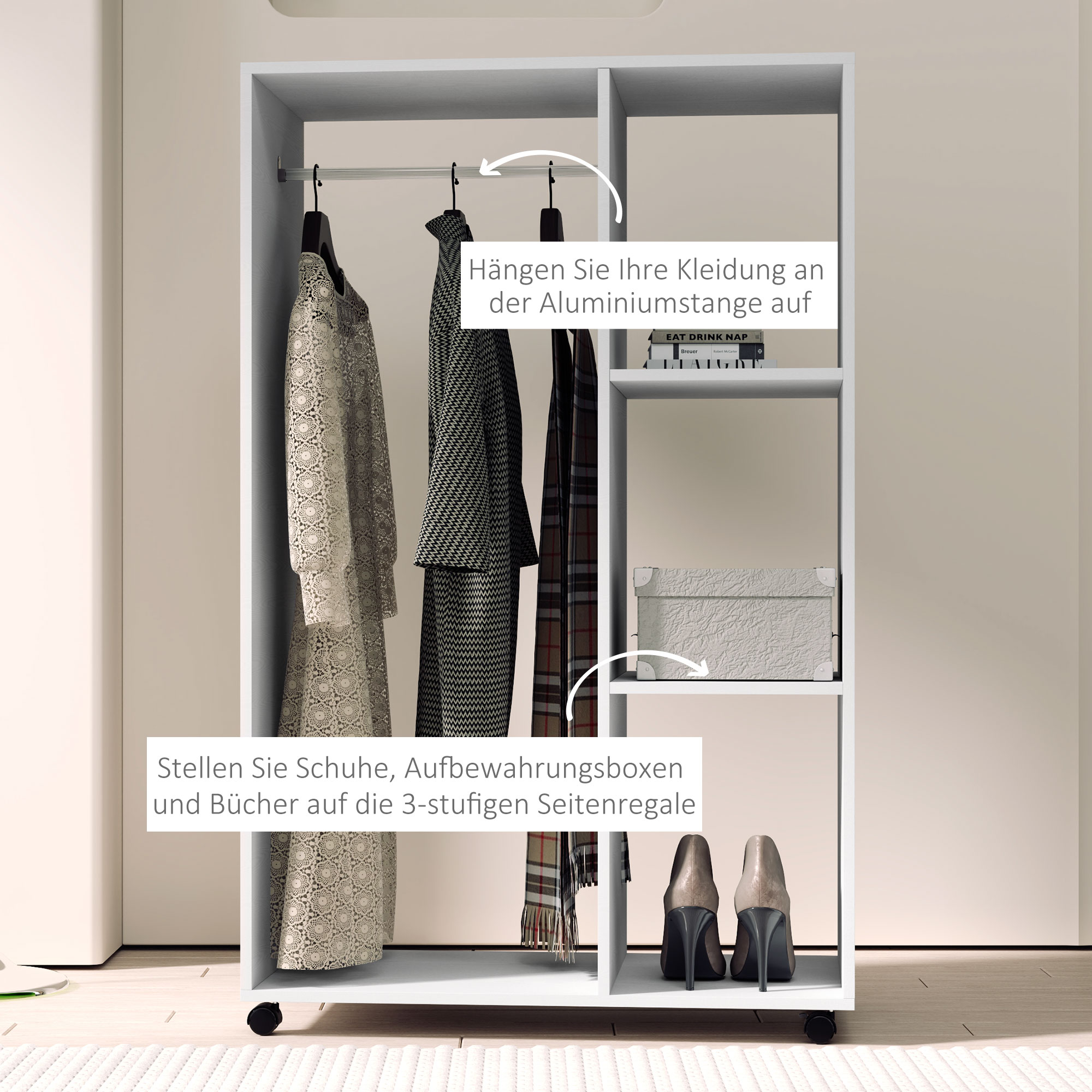 Kleiderschrank auf Rollen, mobile Garderobe, Garderobenschrank, Rollbarer Kleiderständer, 80 x 40 x 128 cm, Weiß