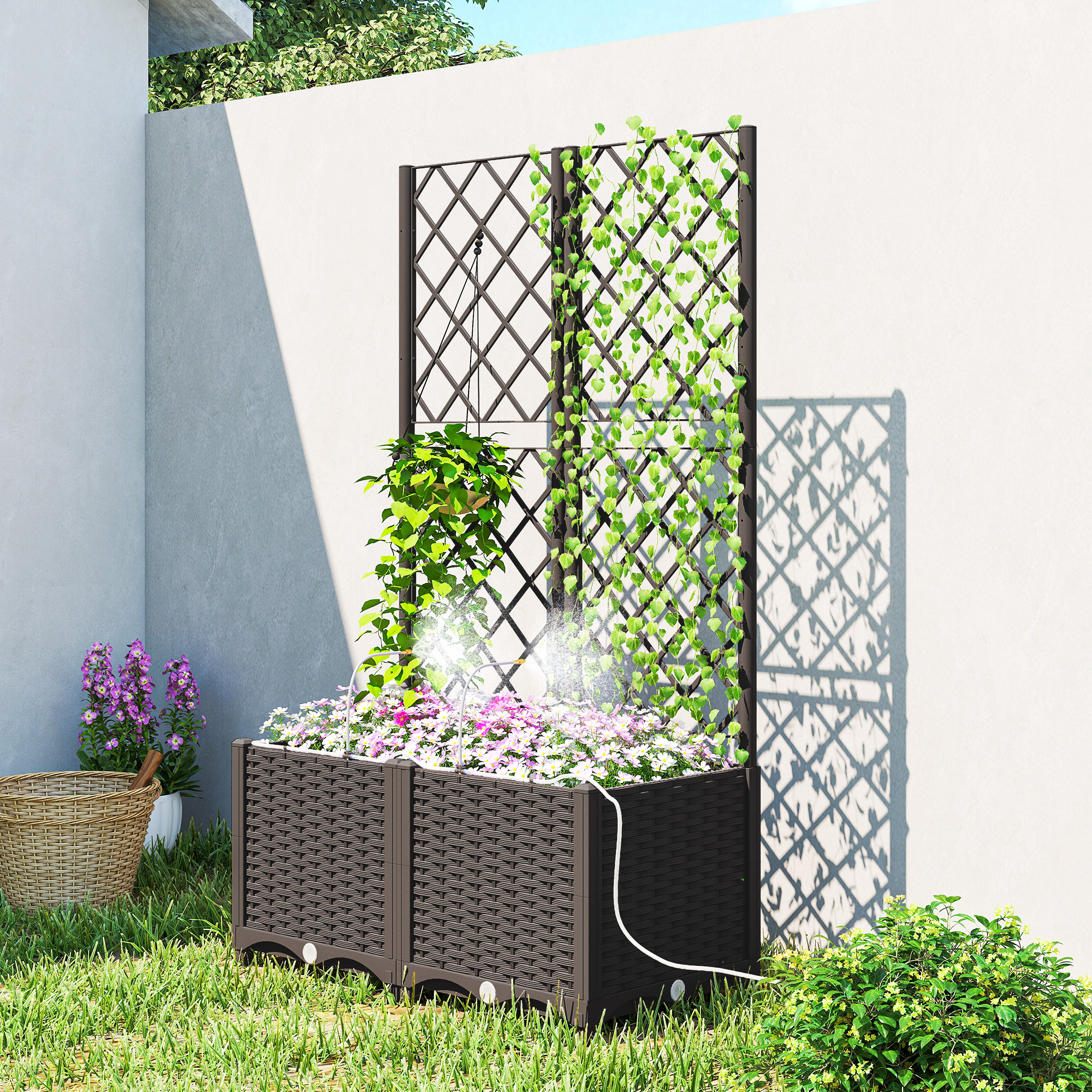 2er Set Spalier mit Pflanzkasten Blumenkasten mit Drainageloch Timer Bewässerungssystem 80 x 40 x 136 cm Braun