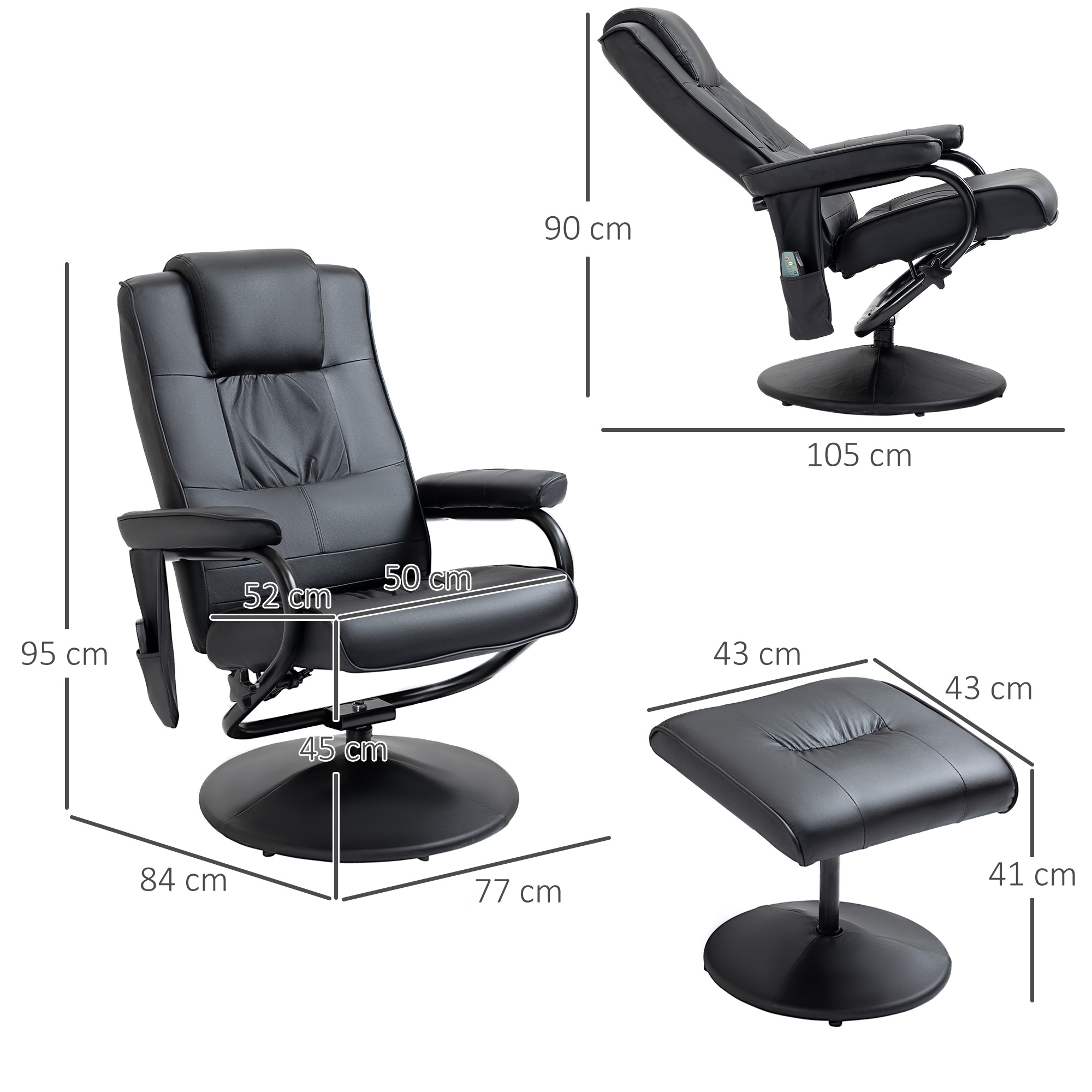 Massagesessel mit Hocker, Drehbares Relaxsessel mit Massagefunktion, Elektrisches Fernsehsessel mit Liegefunktion, Fernbedienung für Wohnzimmer, Kunstleder, Schwarz