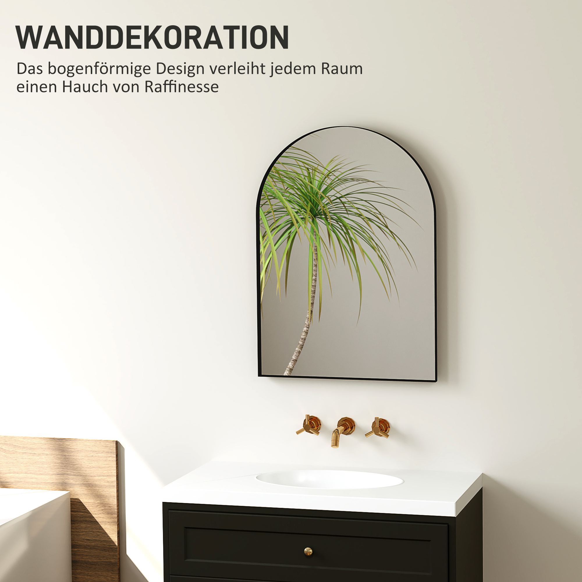 Gebogener Badezimmerspiegel, 50 x 70 cm, Bad-Spiegel mit Aluminium-Rahmen, Deko-Spiegel, Küche, Schwarz