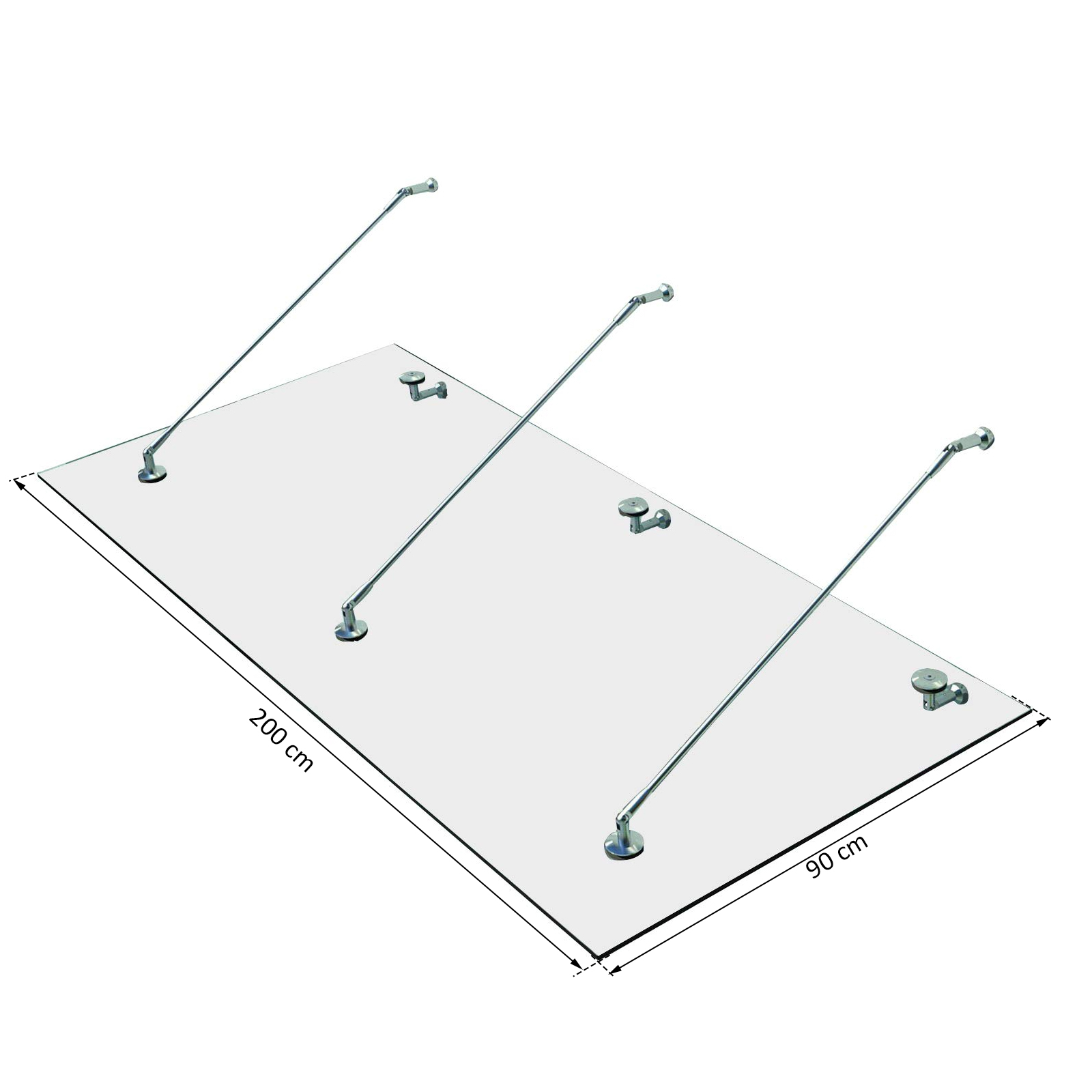 Vordach Glasvordach Türvordach gehärtetes Glas(ESG) Edelstahl Klarglas (200x90cm) (L)
