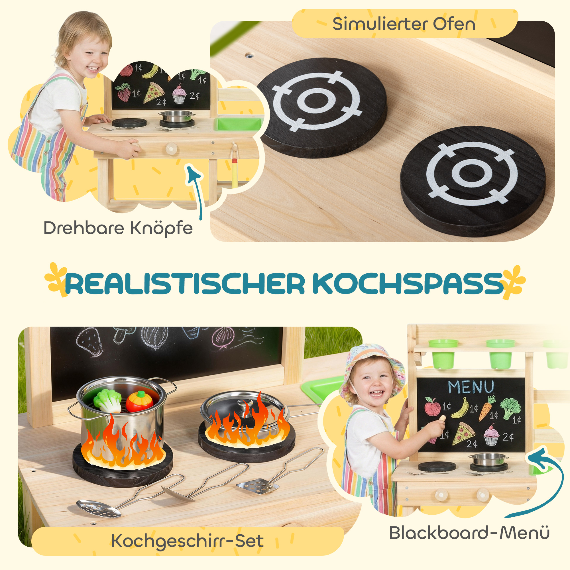 Matschküche Kinder Outdoor, Spielküche aus Holz mit Spüle Herd Pflanztöpfen Tafel für 3-6 Jahre 77x32x95 cm Naturholz