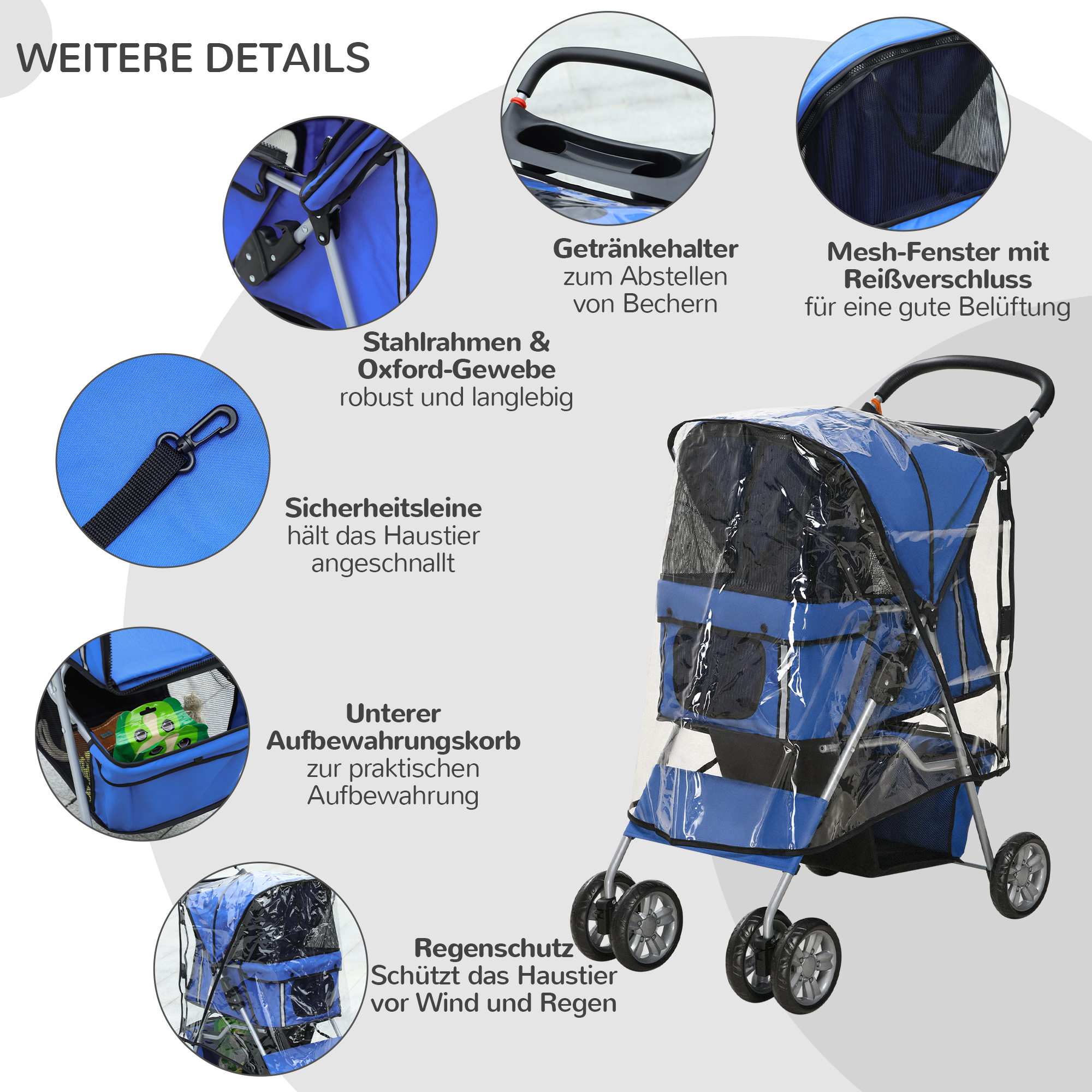 Hundebuggy Hundewagen bis 10 kg Klappbar Regenschutz Bodenkorb 2 Becherhalter 75 cm x 45 cm x 97 cm, Blau